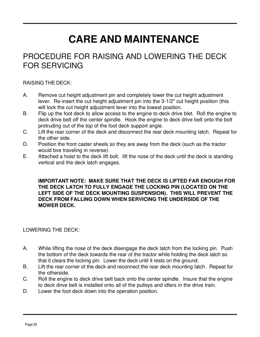 Dixon ZTR 7025, 13091-0500 manual Care And Maintenance, Procedure For Raising And Lowering The Deck For Servicing 