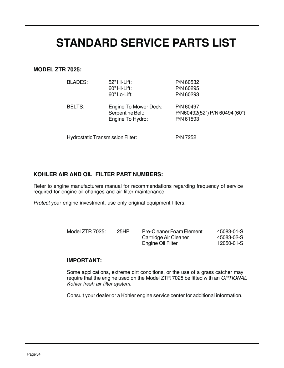 Dixon ZTR 7025, 13091-0500 manual Standard Service Parts List, Model Ztr, Kohler Air And Oil Filter Part Numbers 