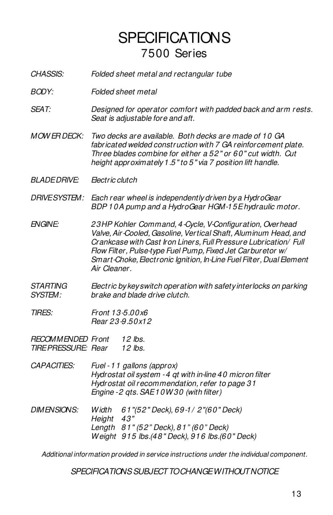 Dixon ZTR 7523 manual Specifications 