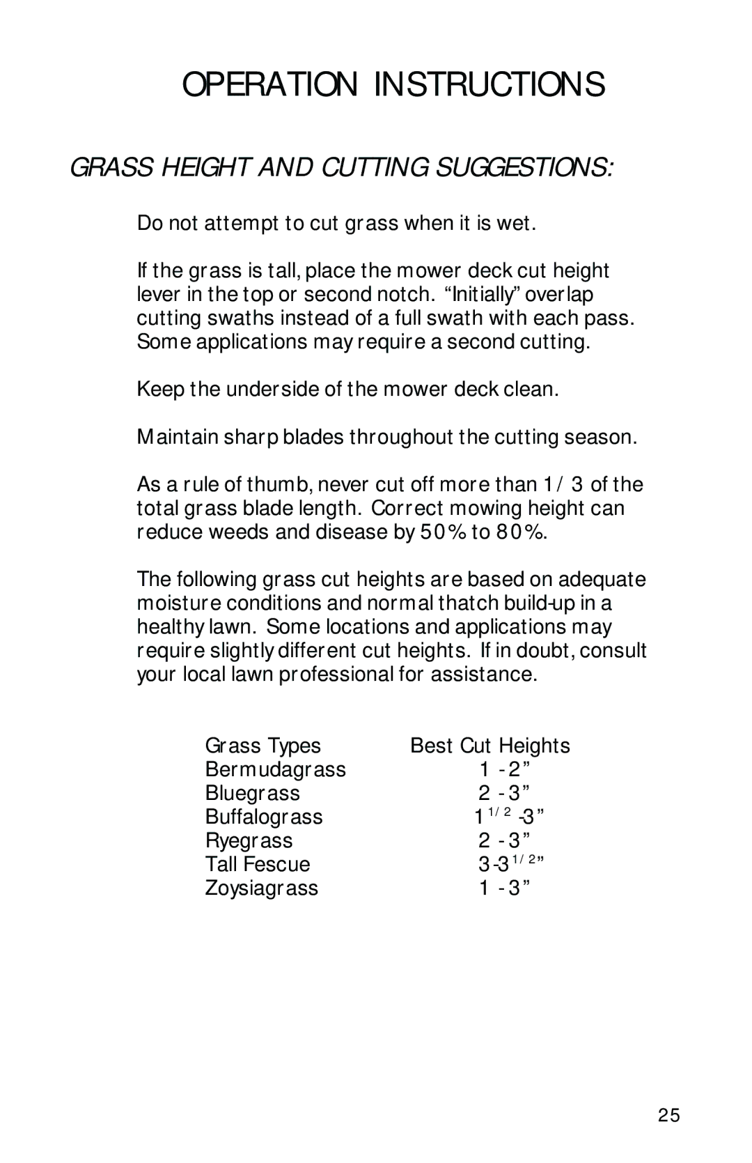 Dixon ZTR 7523 manual Grass Height and Cutting Suggestions, Do not attempt to cut grass when it is wet 