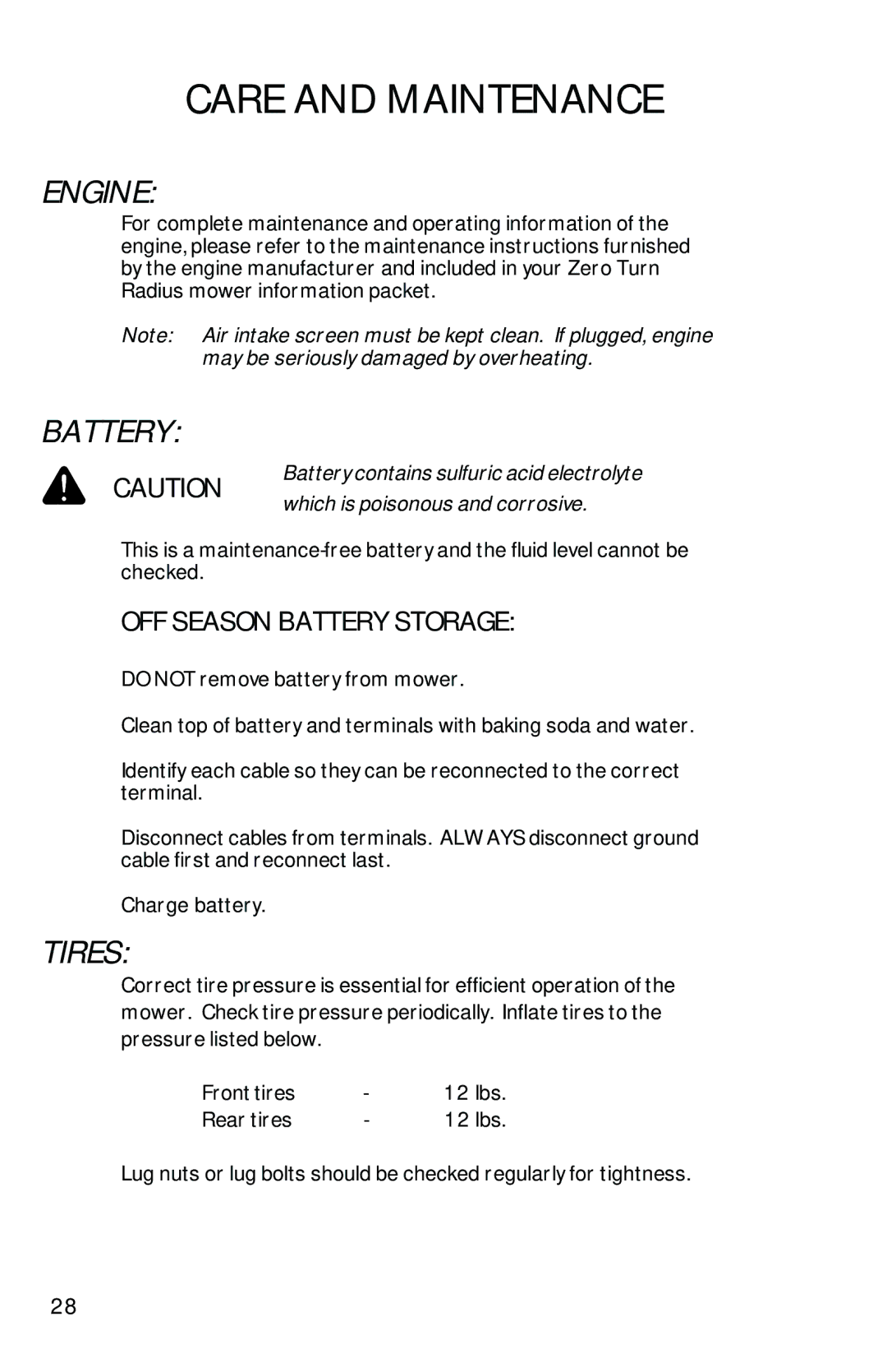 Dixon ZTR 7523 manual Engine, Battery, Tires 