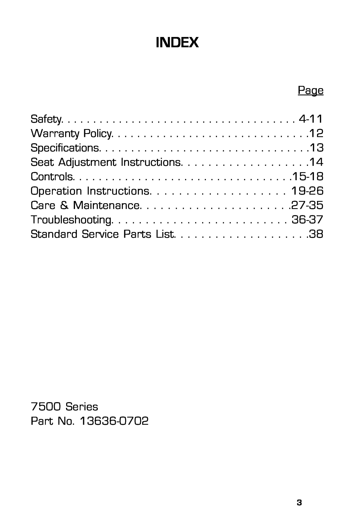 Dixon 13636-0702, ZTR 7525 manual Index, Page Safety Warranty Policy Specifications, Series 