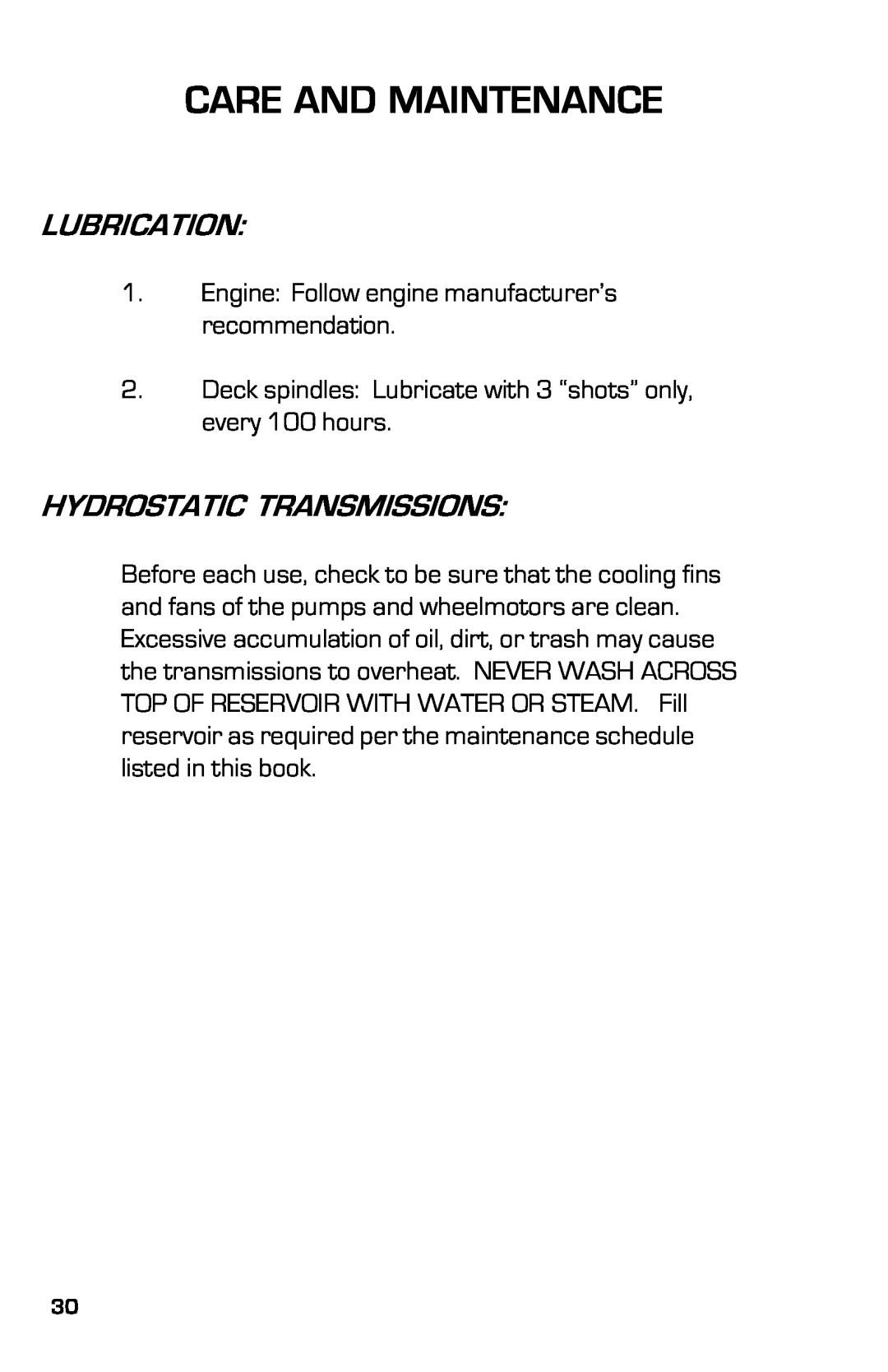 Dixon ZTR 7525, 13636-0702 manual Lubrication, Hydrostatic Transmissions, Care And Maintenance 