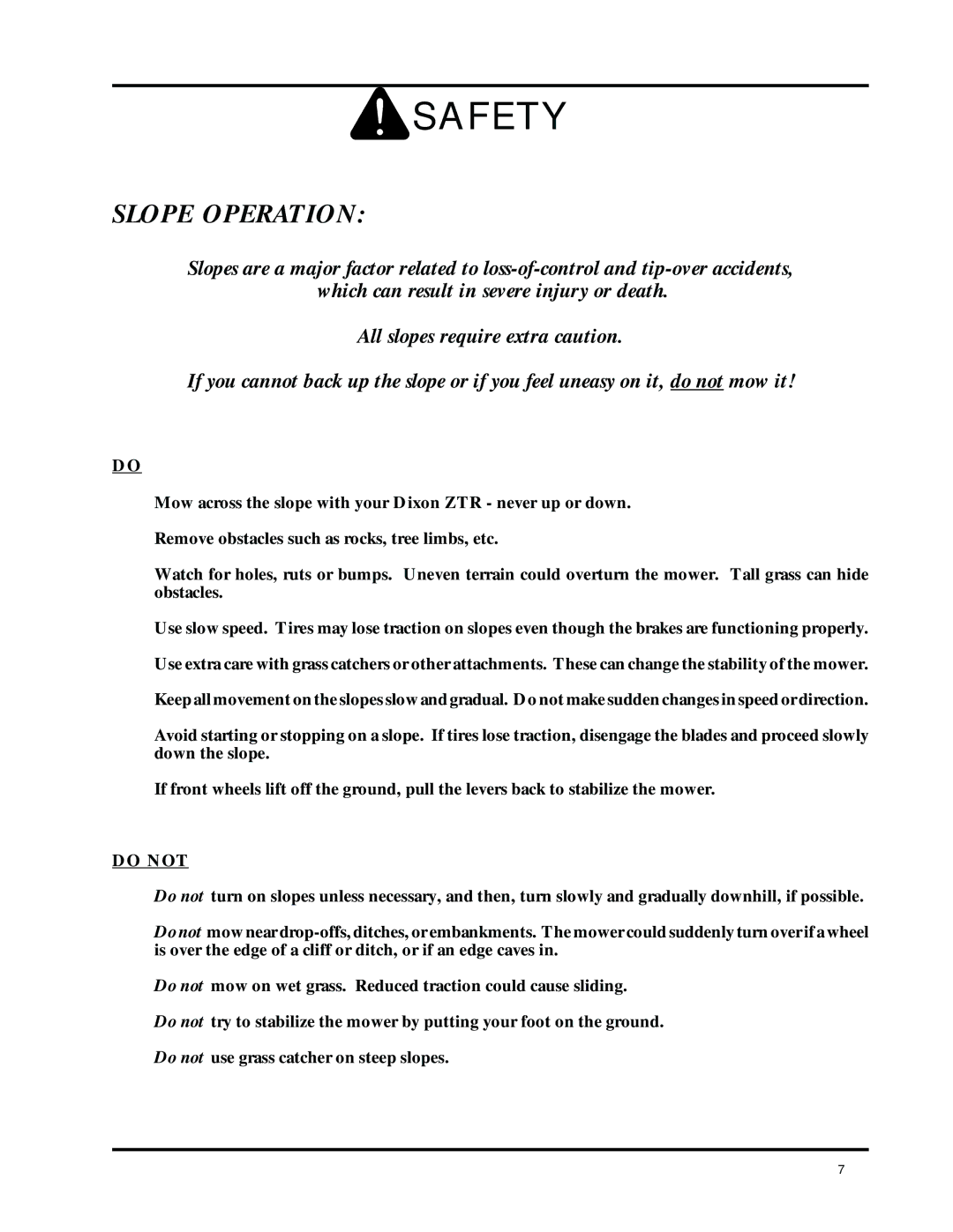 Dixon ZTR 8025 manual Slope Operation 