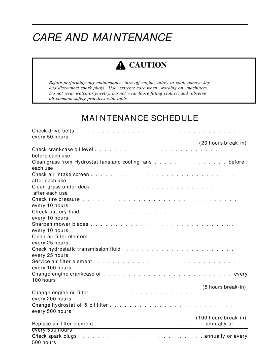 Dixon ZTR 8025 manual Care And Maintenance, Maintenance Schedule 