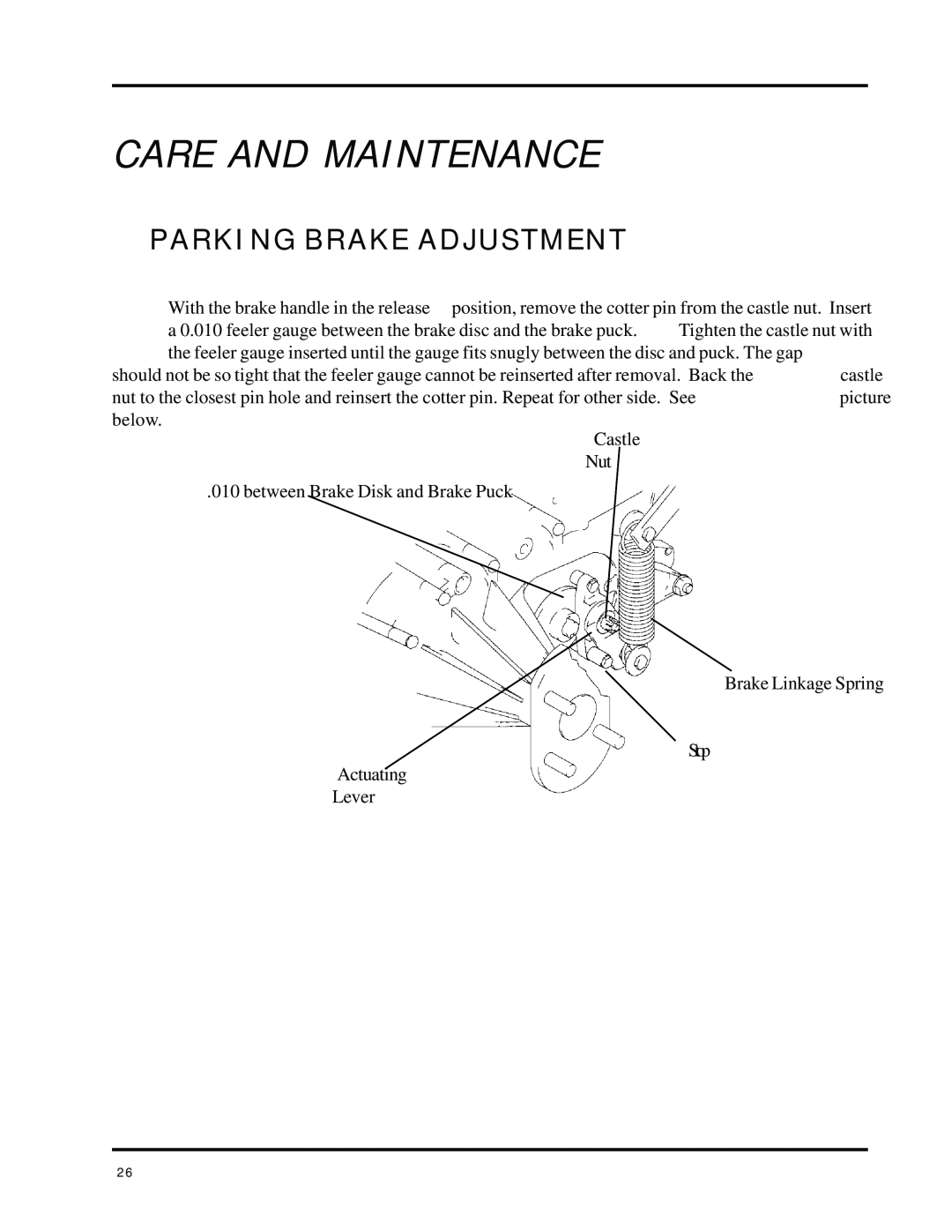 Dixon ZTR 8025 manual Parking Brake Adjustment, Care And Maintenance 