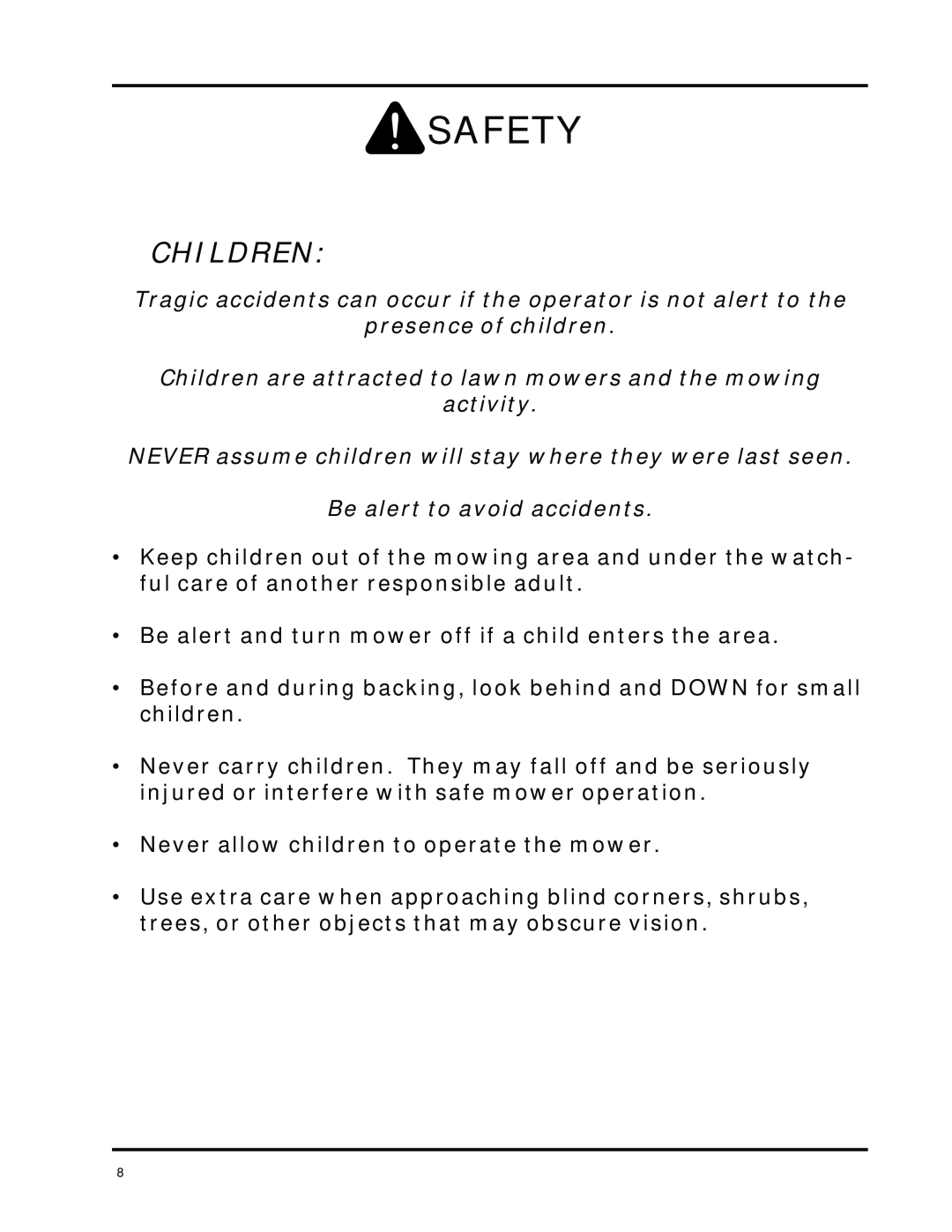 Dixon ZTR 8025 manual Children, Safety 
