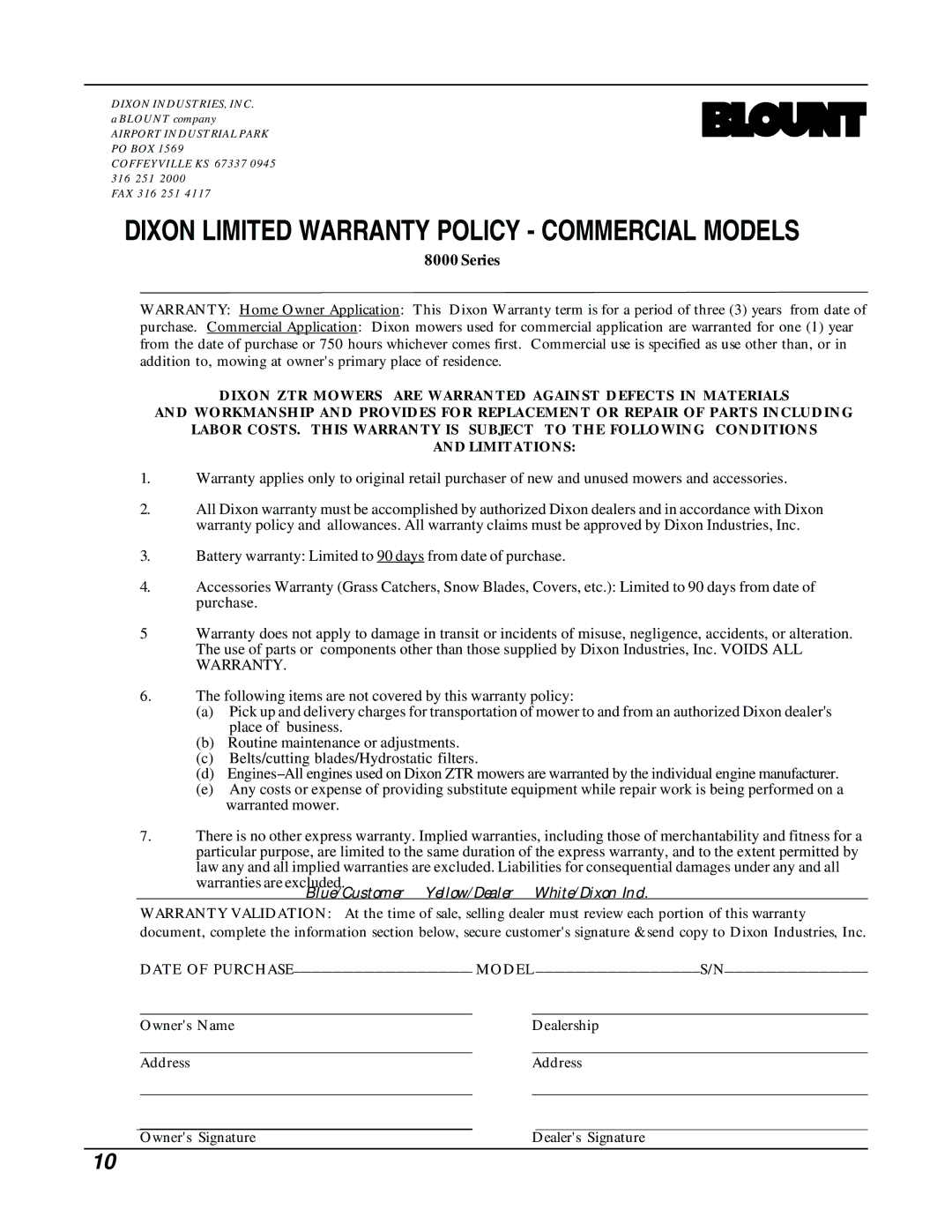 Dixon ZTR 8026D manual Dixon Limited Warranty Policy Commercial Models 