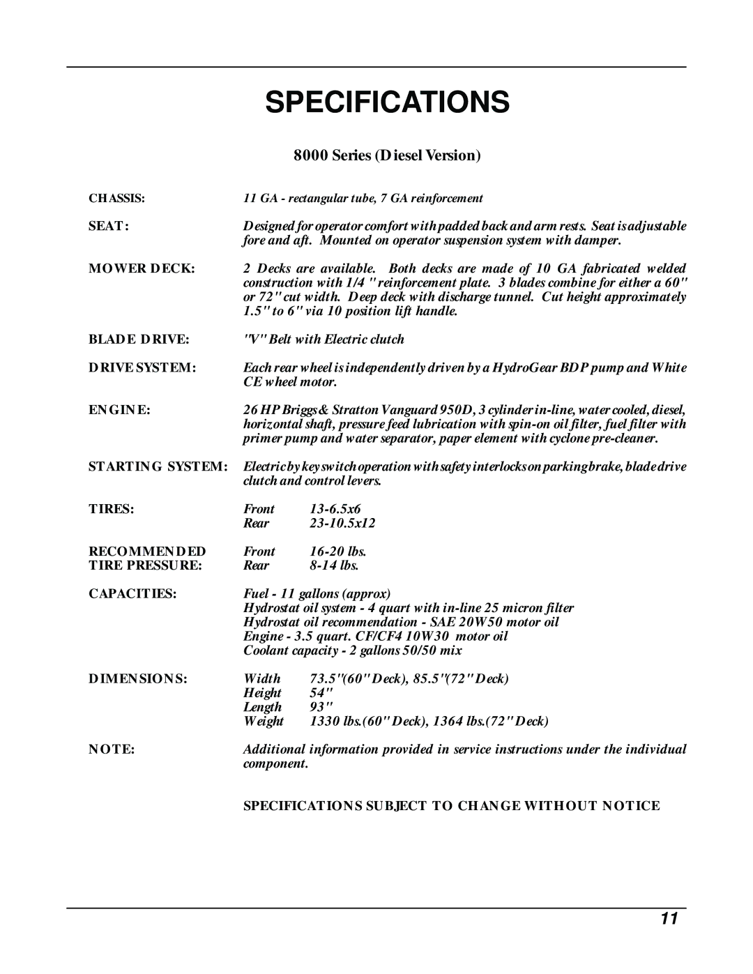 Dixon ZTR 8026D manual Specifications, Series Diesel Version 