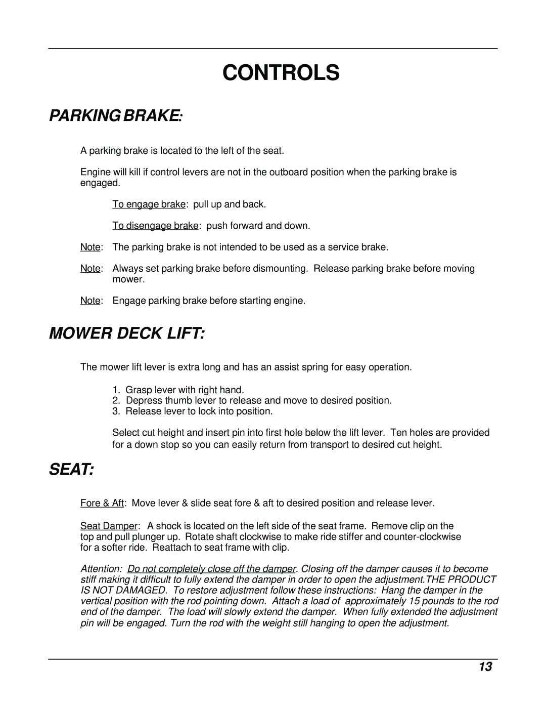 Dixon ZTR 8026D manual Parking Brake 