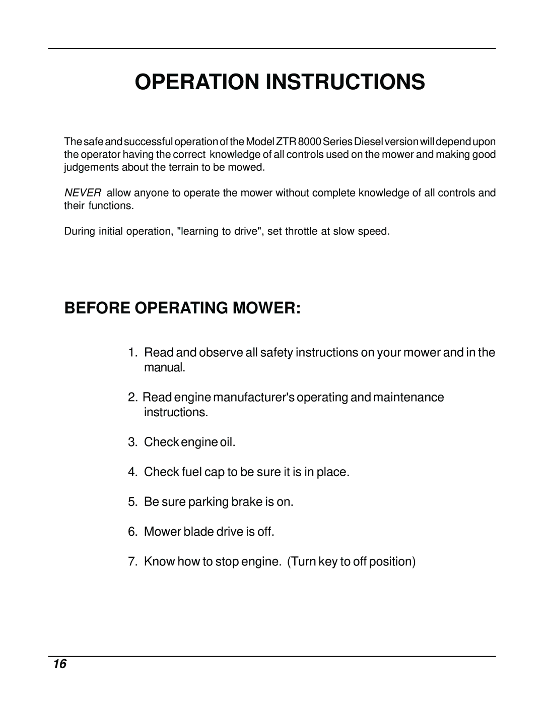 Dixon ZTR 8026D manual Operation Instructions, Before Operating Mower 