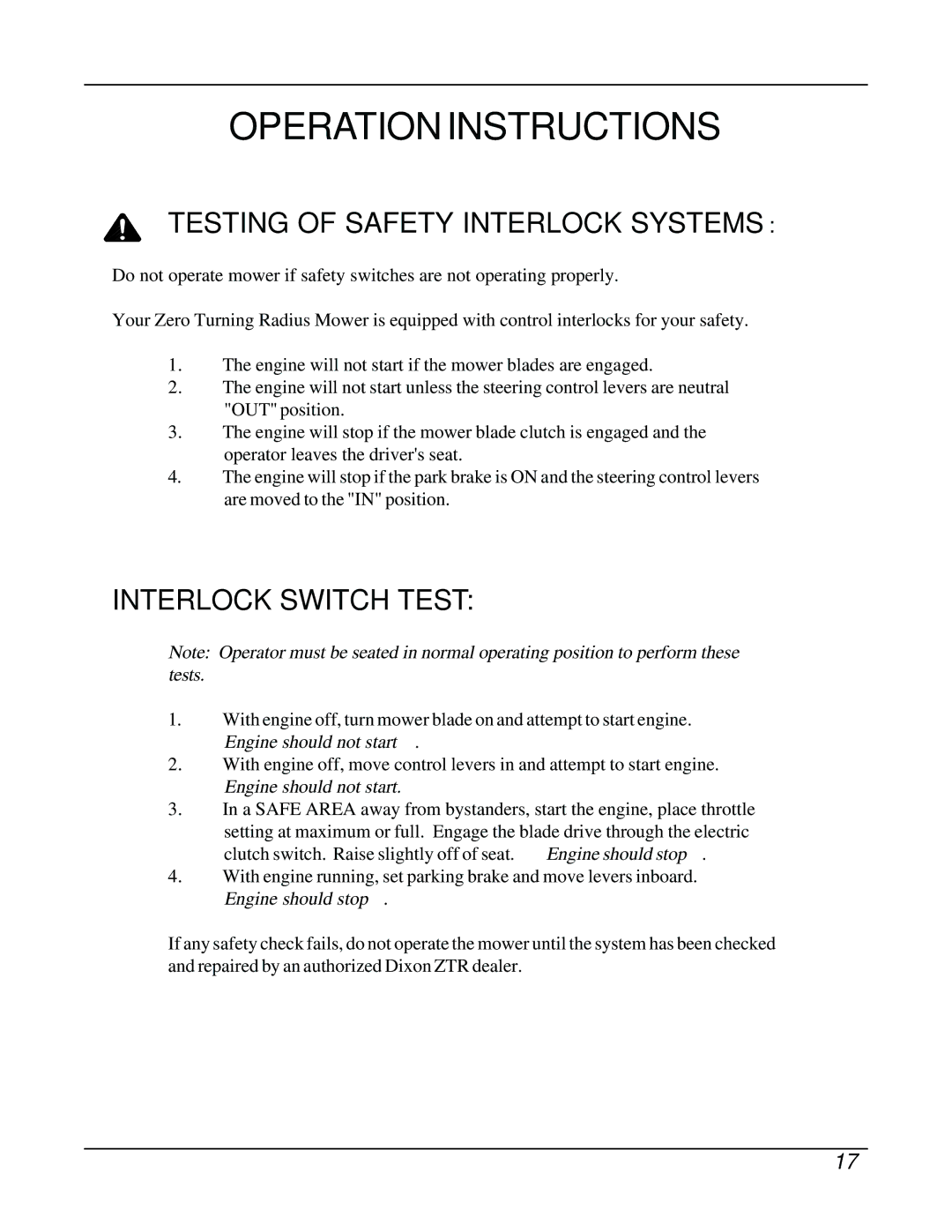 Dixon ZTR 8026D manual Testing of Safety Interlock Systems, Interlock Switch Test 