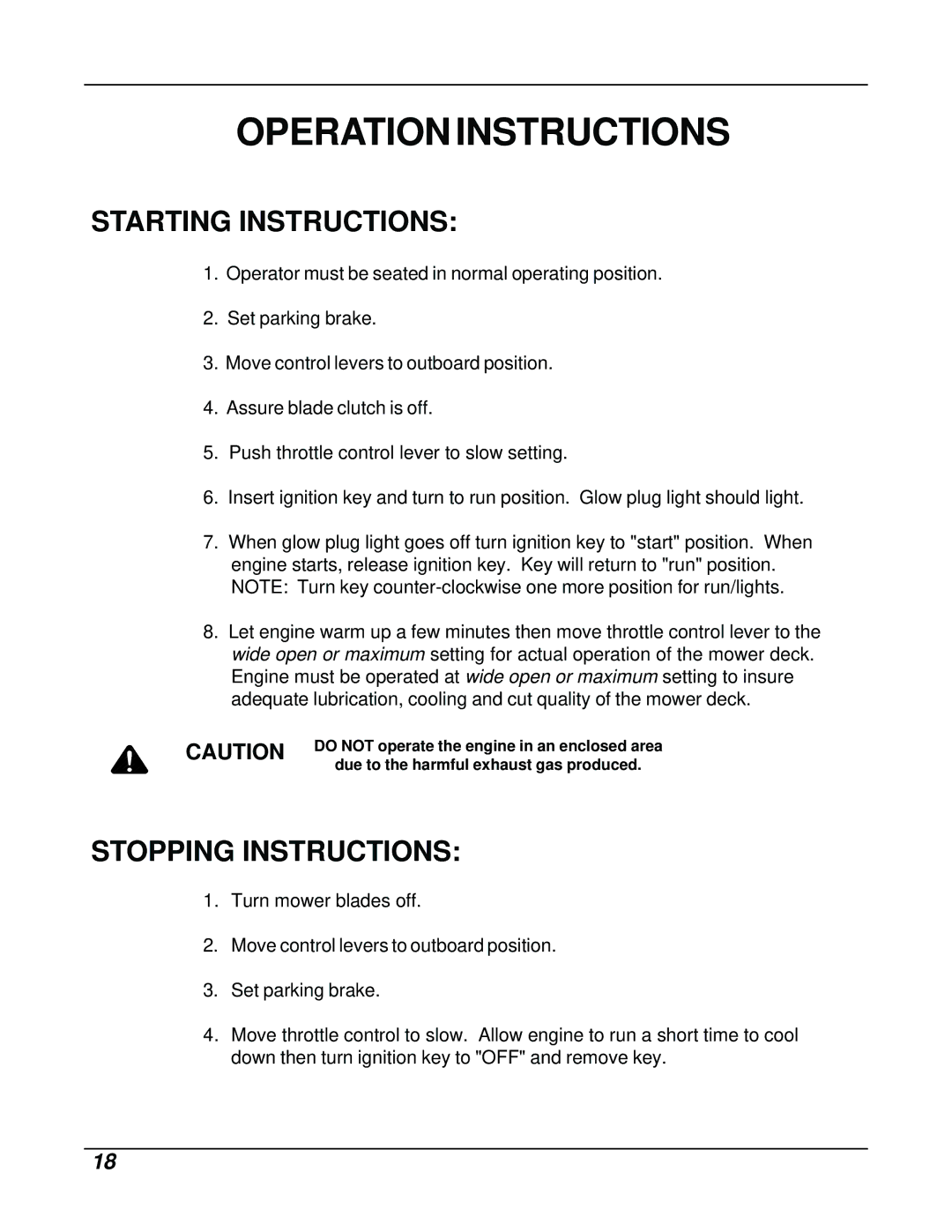 Dixon ZTR 8026D manual Starting Instructions, Stopping Instructions 