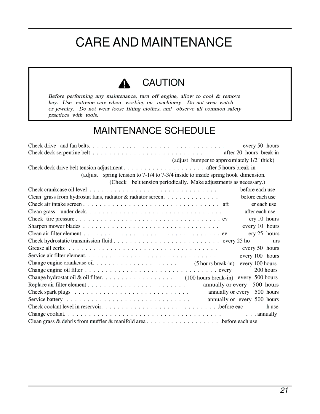 Dixon ZTR 8026D manual Care and Maintenance, Maintenance Schedule 