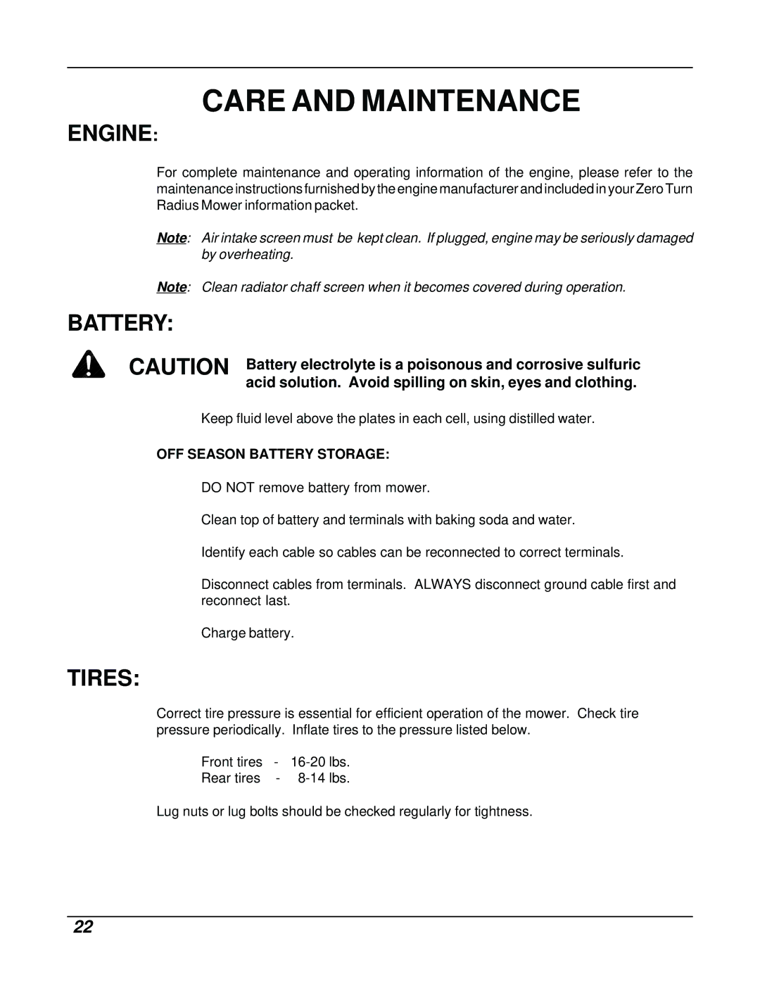 Dixon ZTR 8026D manual Engine, Battery, Tires 