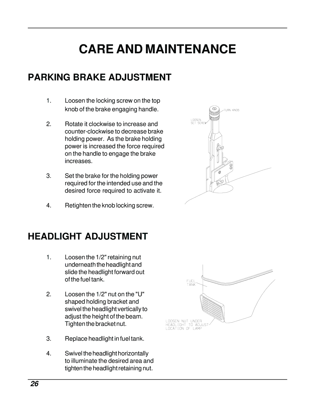 Dixon ZTR 8026D manual Parking Brake Adjustment, Headlight Adjustment 