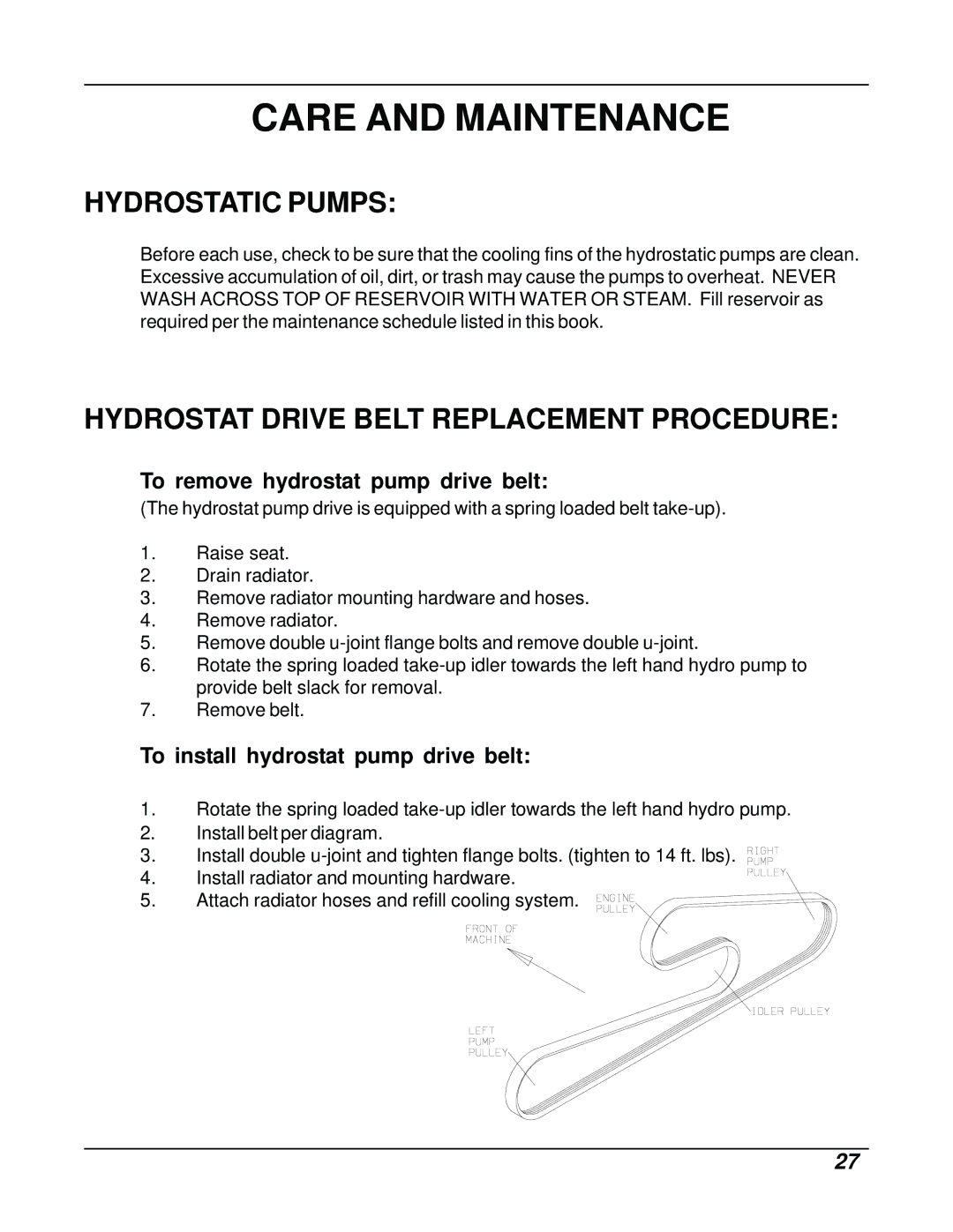 Dixon ZTR 8026D manual Hydrostatic Pumps, Hydrostat Drive Belt Replacement Procedure 