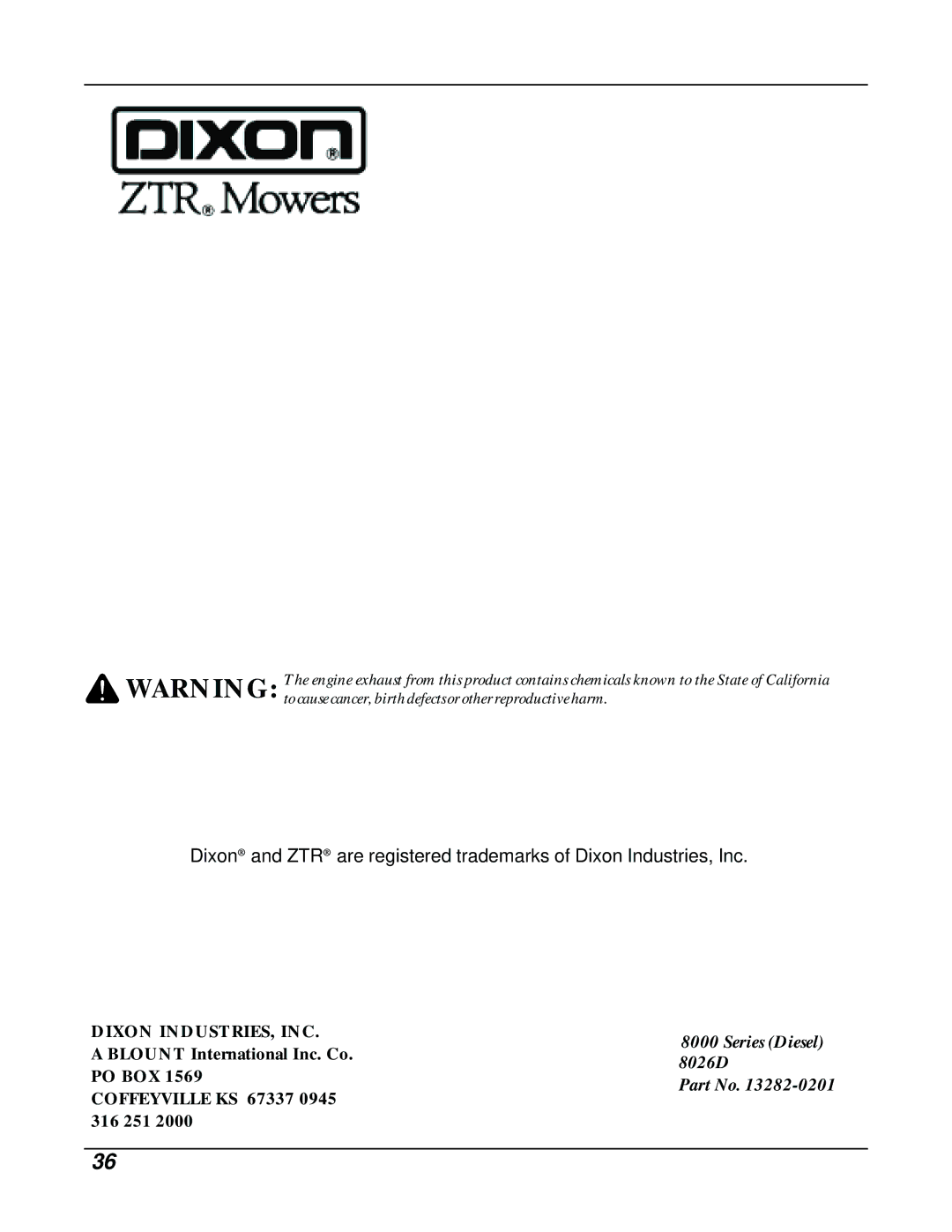 Dixon ZTR 8026D manual Series Diesel 8026D 