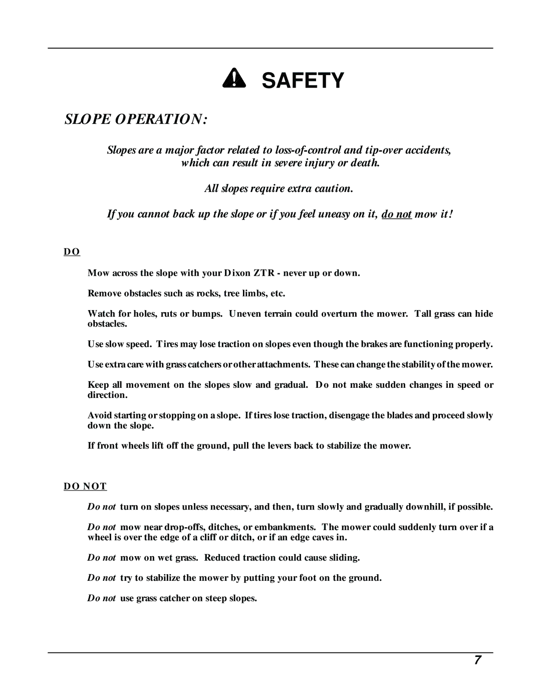 Dixon ZTR 8026D manual Slope Operation 