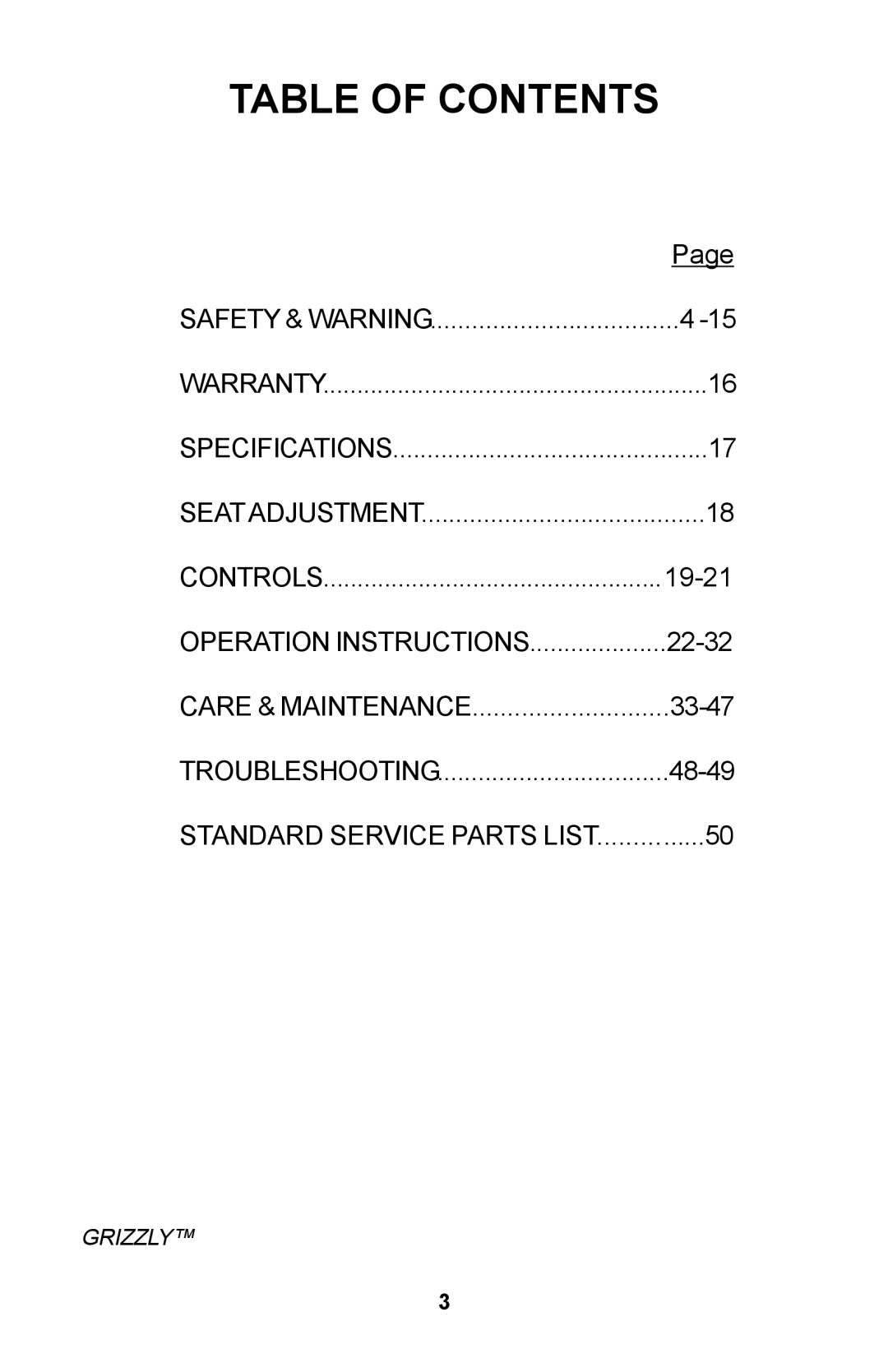 Dixon ZTR GRIZZLY manual Table of Contents 