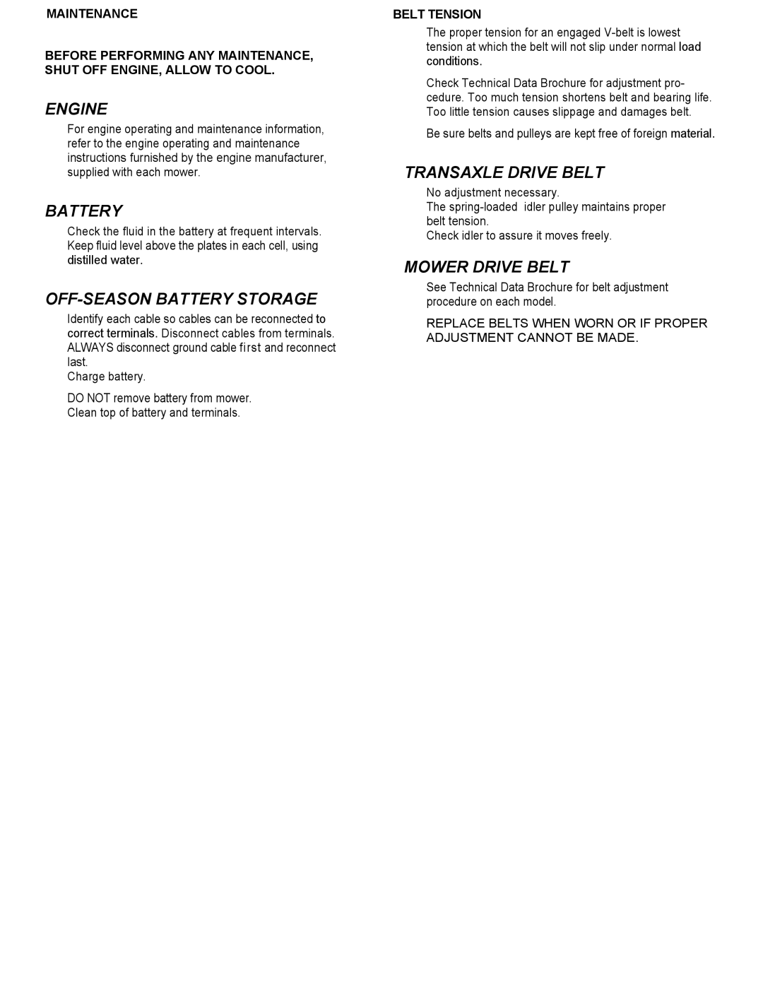 Dixon ZTR Mowers manual Engine, OFF-SEASON Battery Storage, Transaxle Drive Belt, Mower Drive Belt 