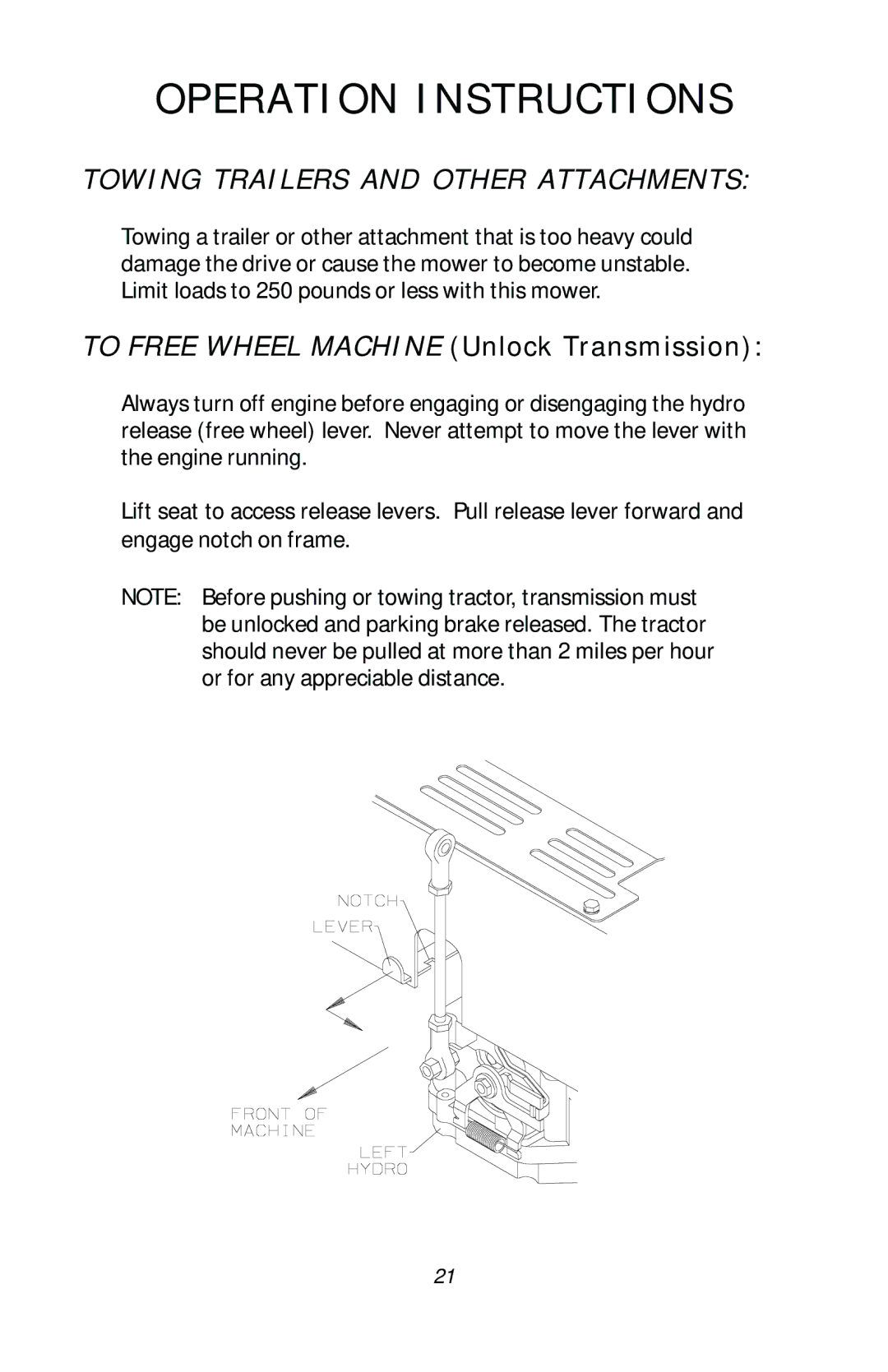 Dixon 17411-1103, ZTR RAM 50 manual Towing Trailers and Other Attachments, To Free Wheel Machine Unlock Transmission 