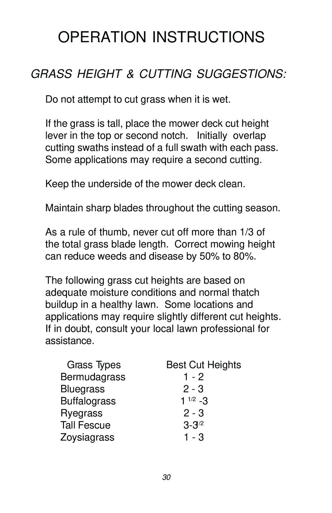 Dixon ZTR RAM 50, 17411-1103 manual Grass Height & Cutting Suggestions 