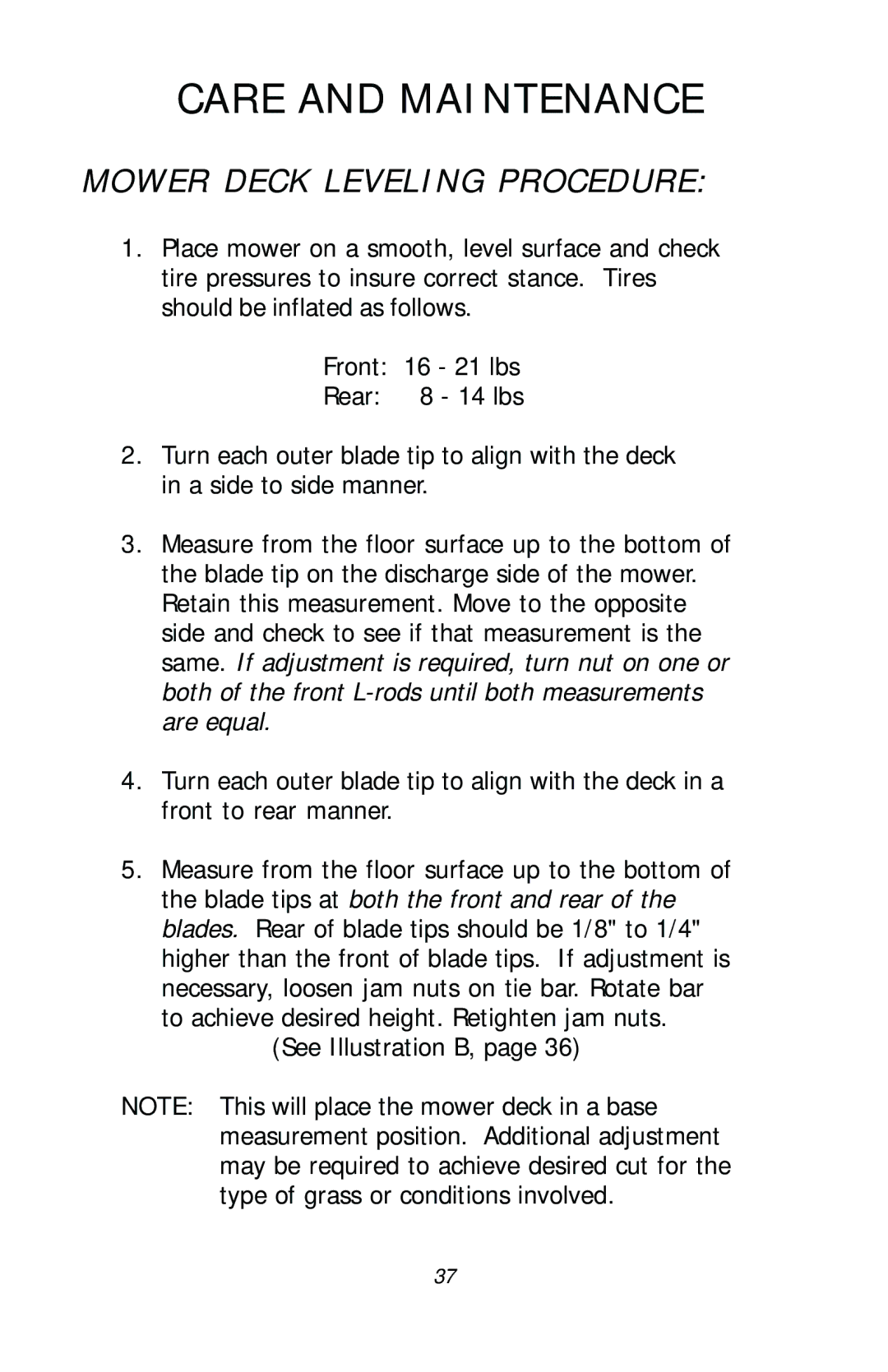 Dixon 17411-1103, ZTR RAM 50 manual Care and Maintenance, Mower Deck Leveling Procedure 