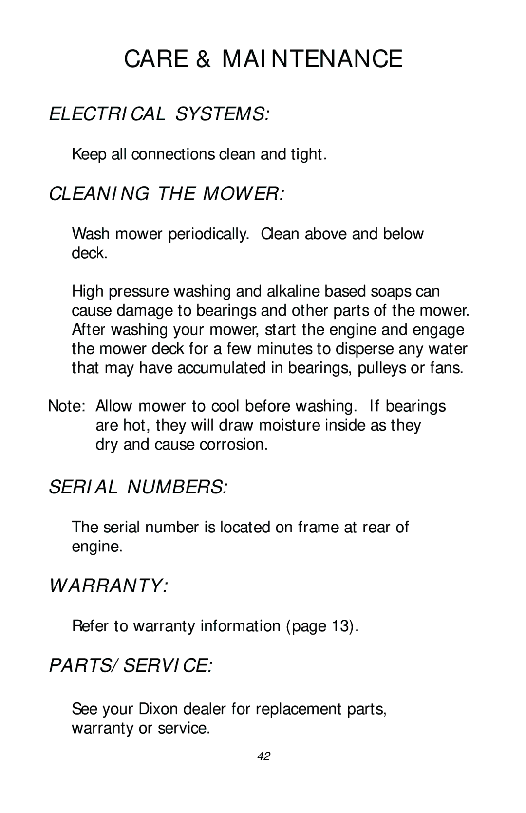 Dixon ZTR RAM 50, 17411-1103 manual Electrical Systems, Cleaning the Mower, Serial Numbers, Warranty, Parts/Service 