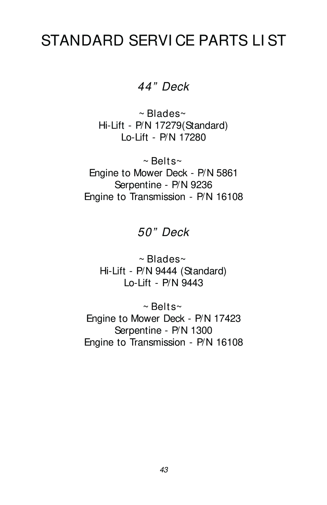 Dixon 17411-1103, ZTR RAM 50 manual Standard Service Parts List, Deck 