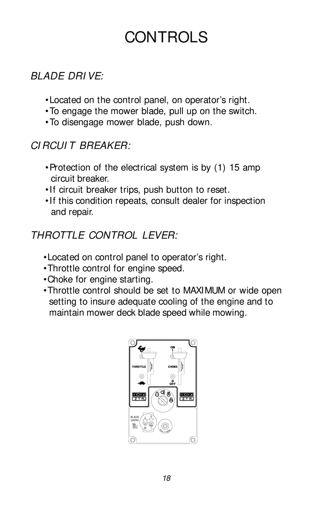 Dixon ZTR RAM 50, 17411-1103 manual Controls, Blade Drive, Circuit Breaker, Throttle Control Lever 