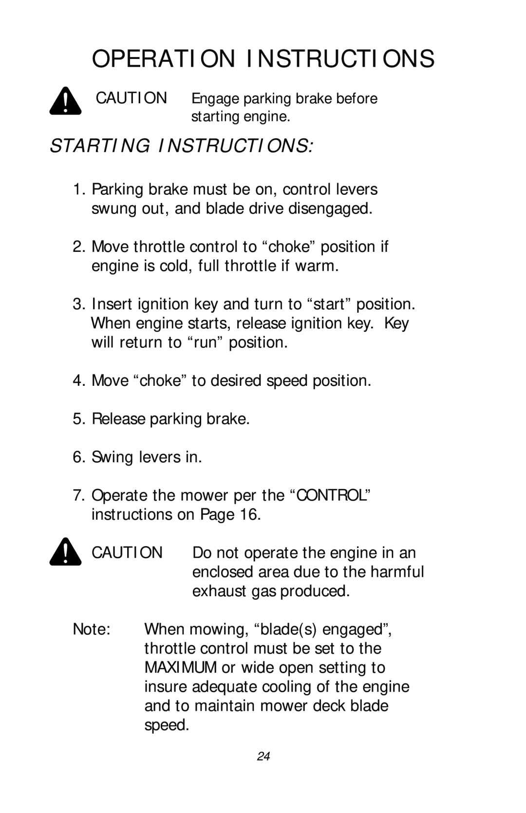 Dixon ZTR RAM 50, 17411-1103 manual Starting Instructions, Operation Instructions 