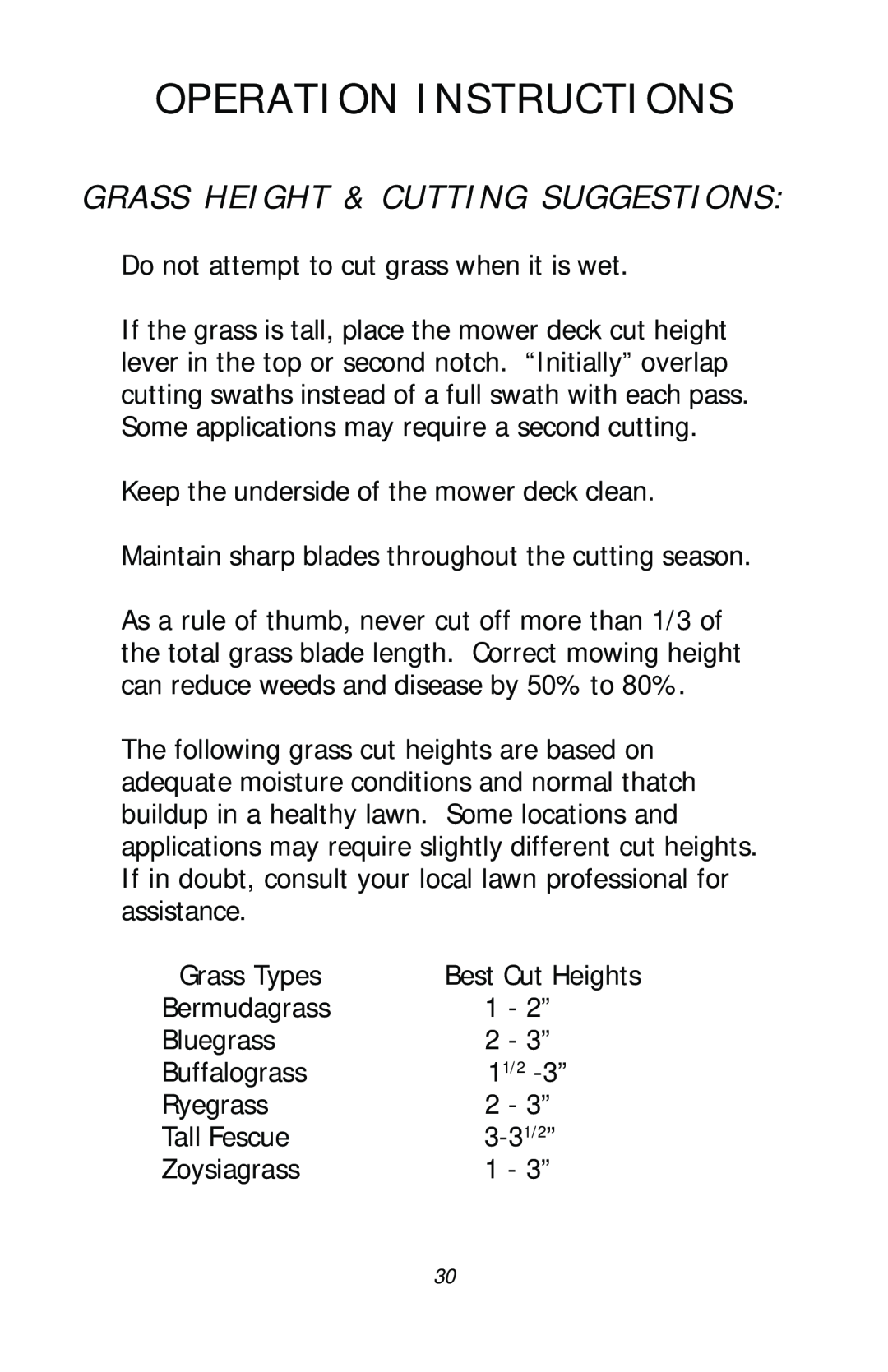 Dixon ZTR RAM 50, 17411-1103 manual Grass Height & Cutting Suggestions, Operation Instructions 