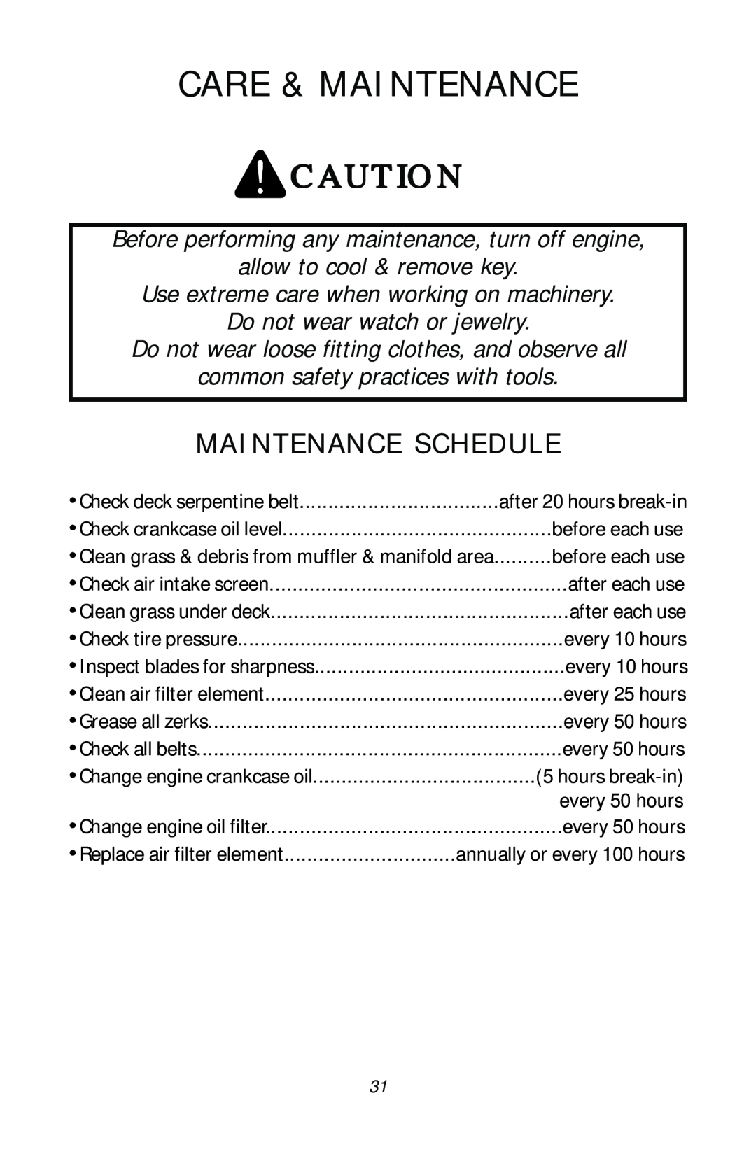 Dixon 17411-1103, ZTR RAM 50 manual Care & Maintenance, Maintenance Schedule 
