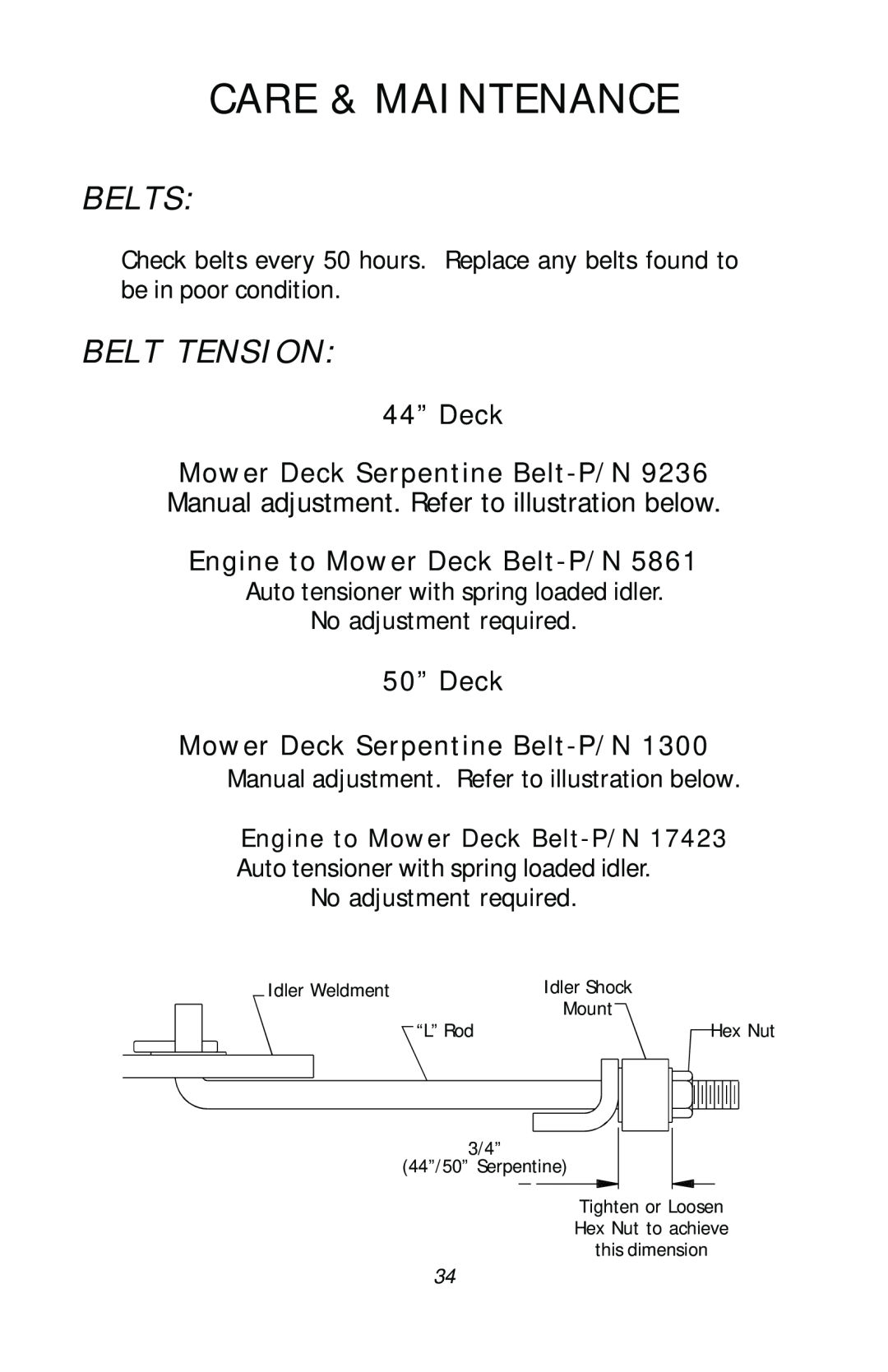 Dixon ZTR RAM 50, 17411-1103 manual Belts, Belt Tension, Care & Maintenance, 44” Deck, Engine to Mower Deck Belt-P/N5861 