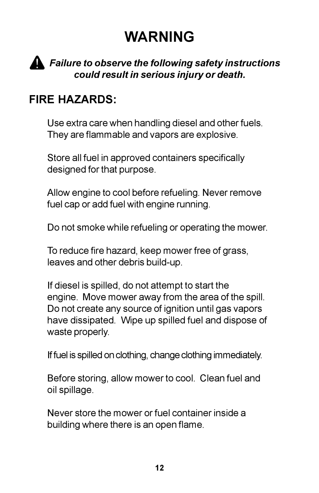 Dixon ZTR manual Fire Hazards 