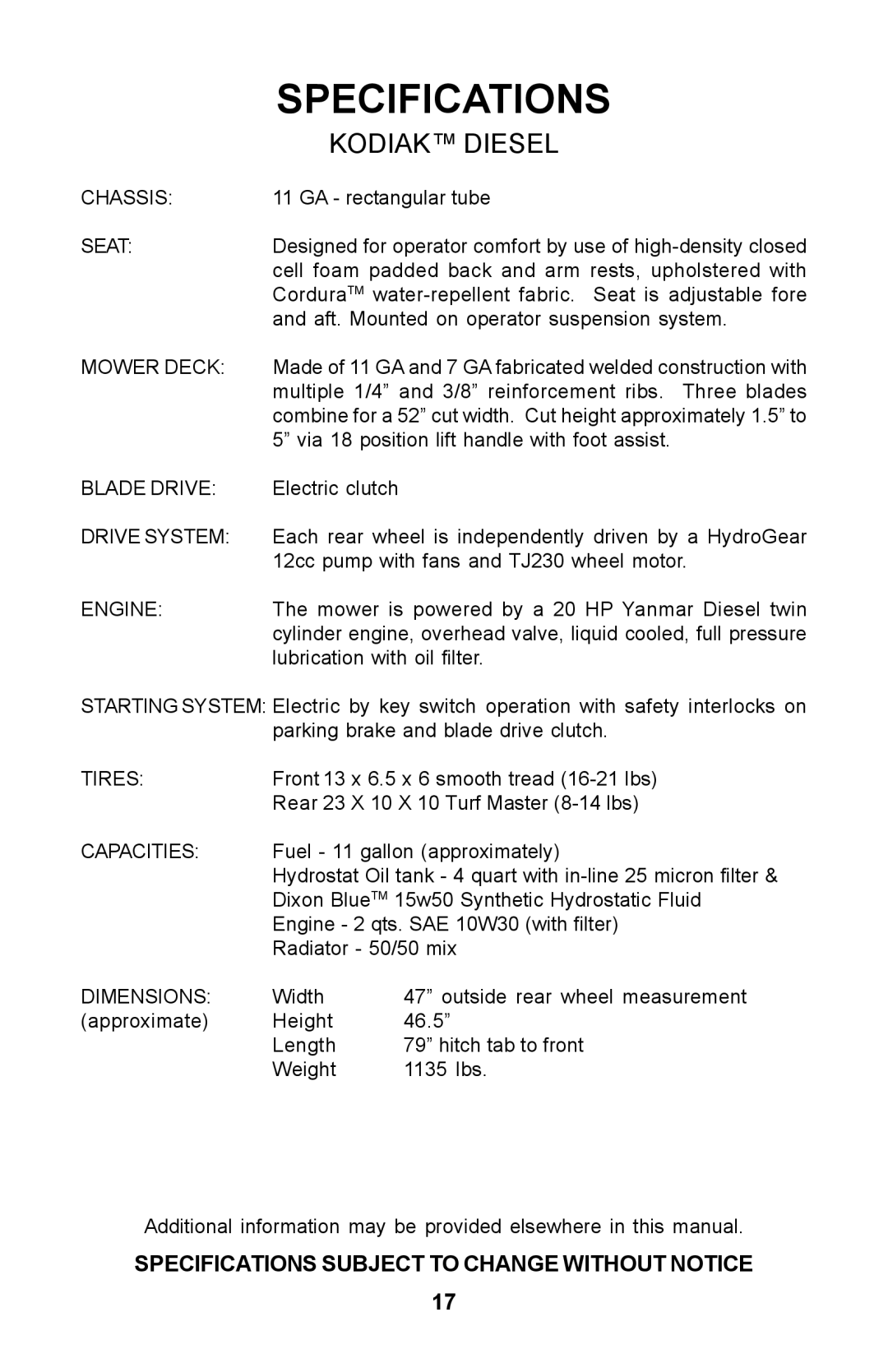 Dixon ZTR manual Specifications, Kodiak Diesel 