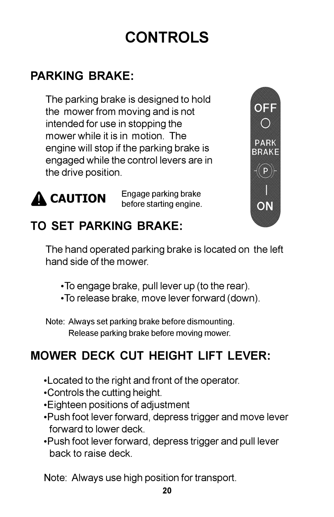 Dixon ZTR manual To SET Parking Brake, Mower Deck CUT Height Lift Lever 