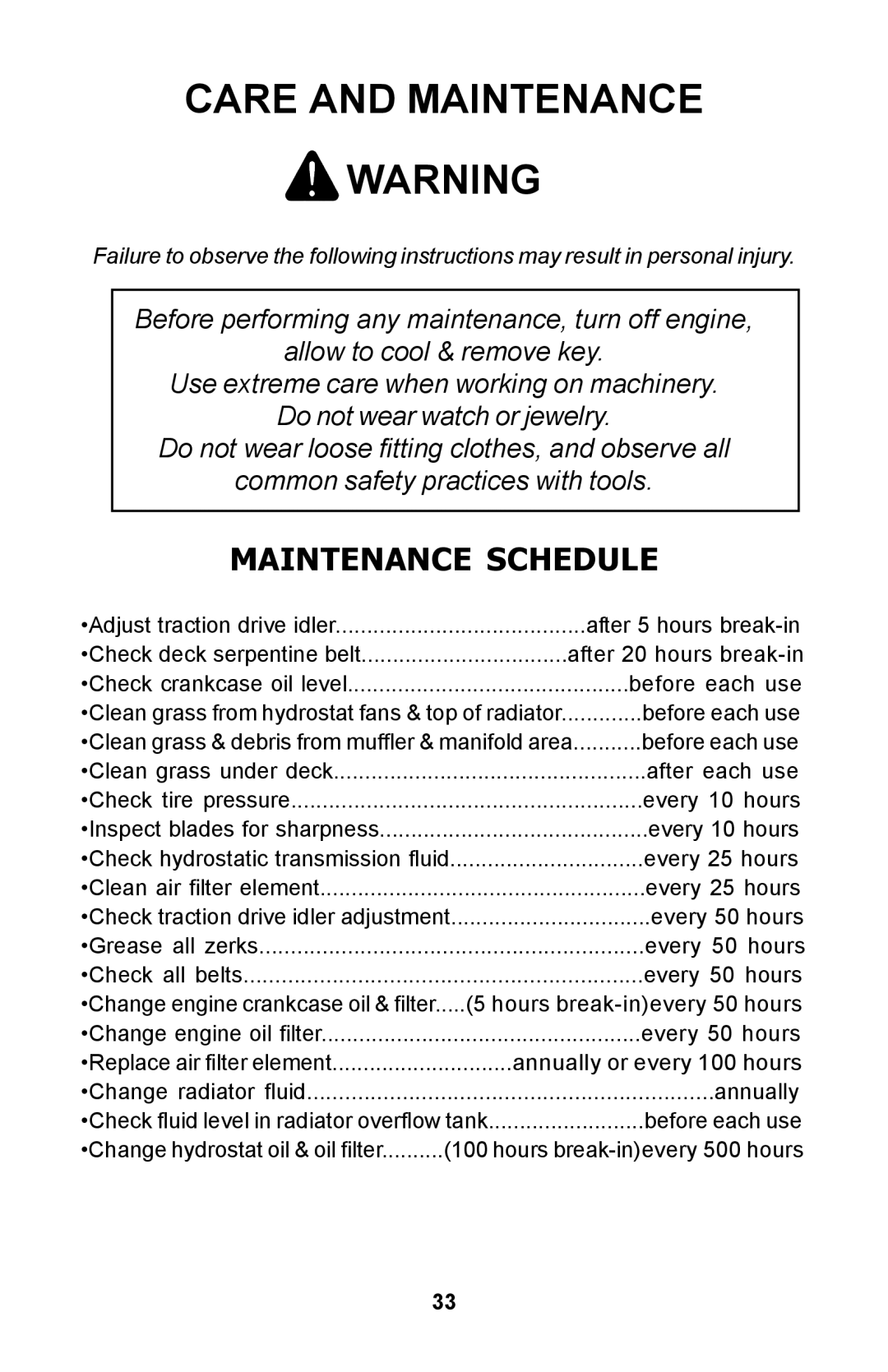 Dixon ZTR manual Care and Maintenance, Maintenance Schedule 