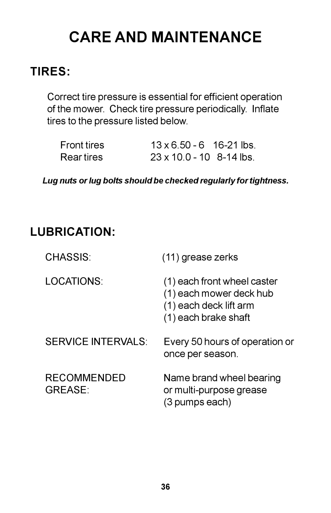 Dixon ZTR manual Tires, Lubrication 