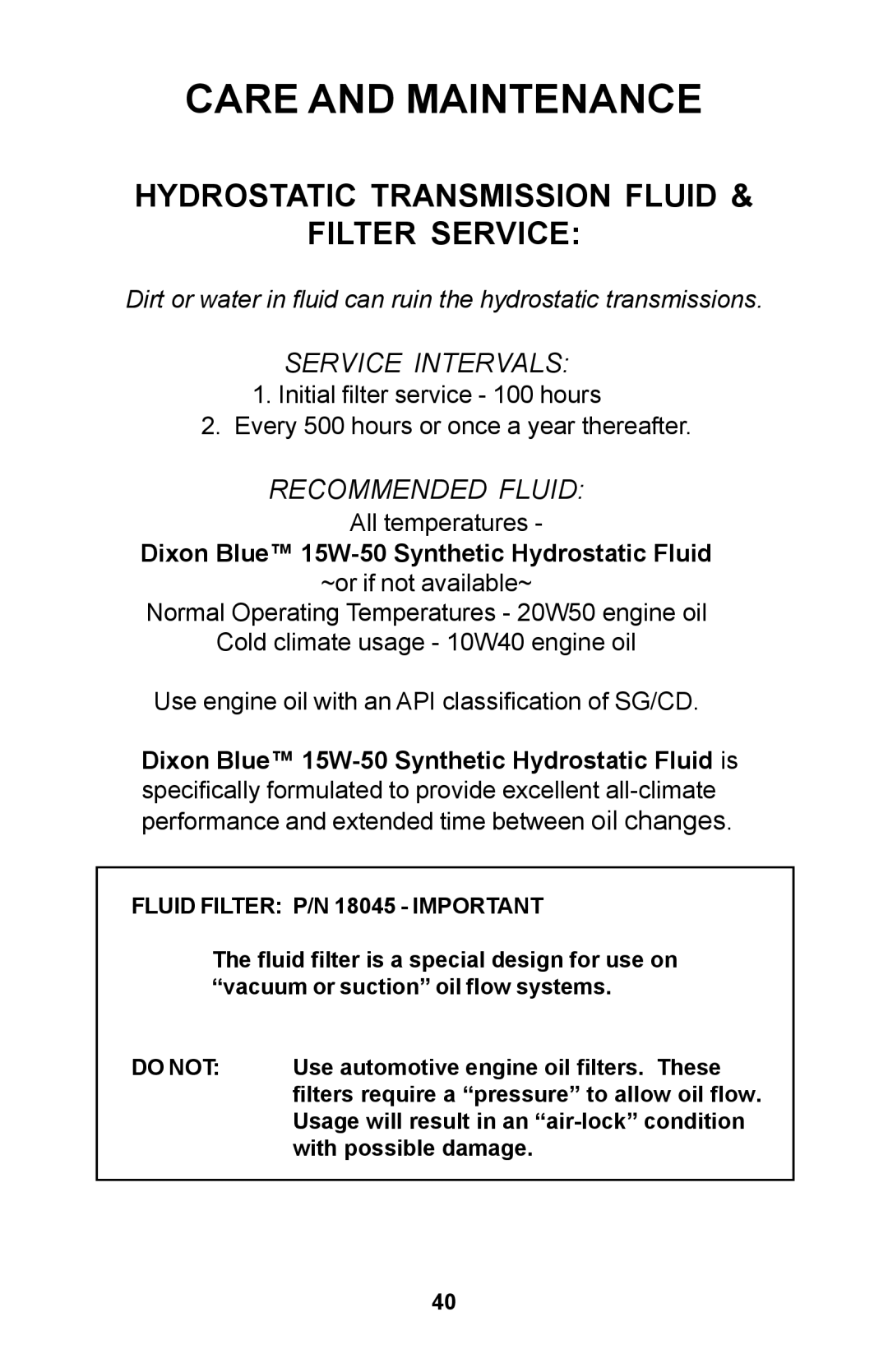 Dixon ZTR manual Hydrostatic Transmission Fluid Filter Service, Recommended Fluid 