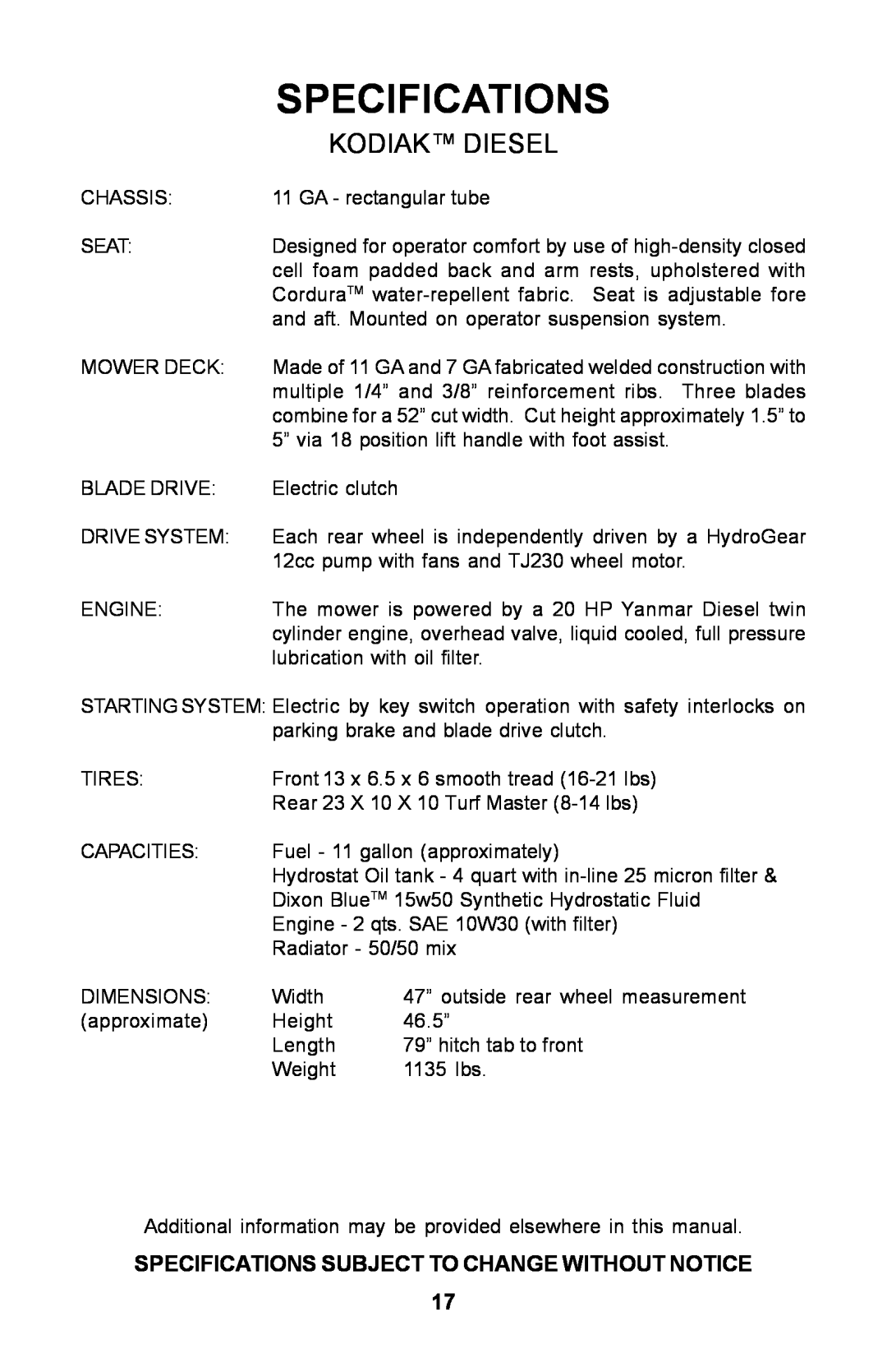 Dixon ZTR manual Specifications, Kodiak Diesel 