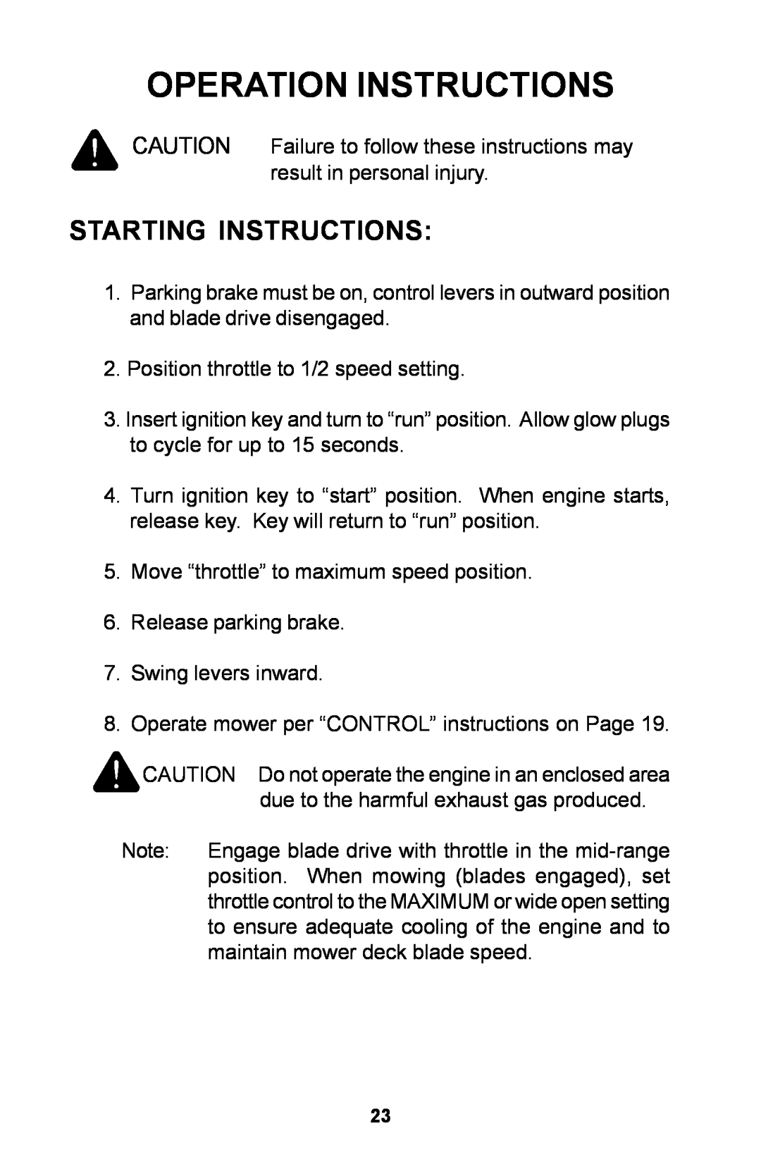 Dixon ZTR manual Starting Instructions, Operation Instructions 