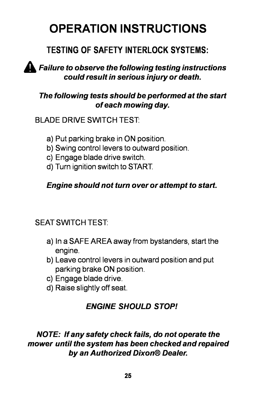 Dixon ZTR manual Operation Instructions, Testing Of Safety Interlock Systems 
