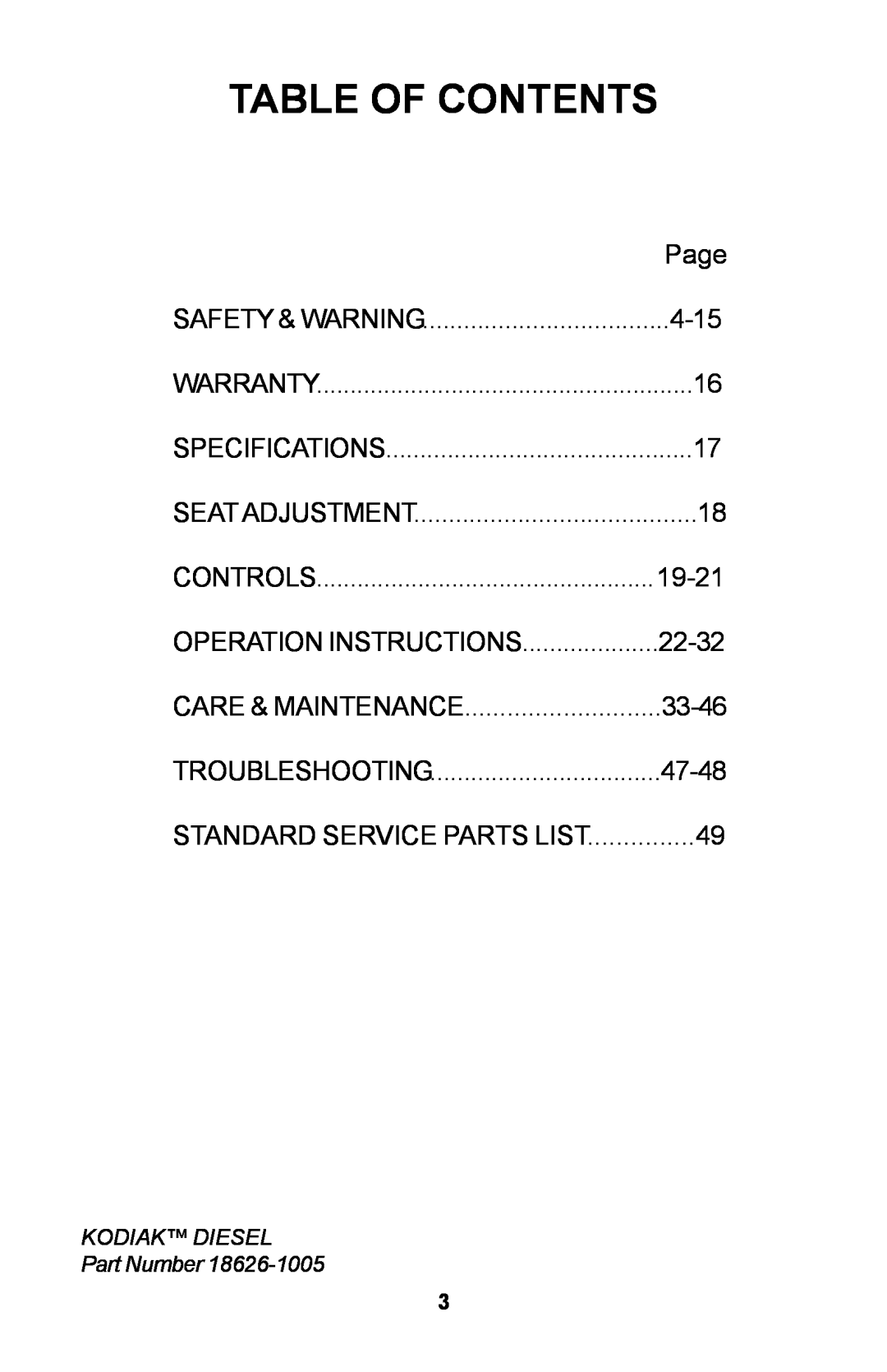 Dixon ZTR manual Table Of Contents, Page, 4-15, Controls, 19-21, 22-32, 33-46, 47-48, Standard Service Parts List 