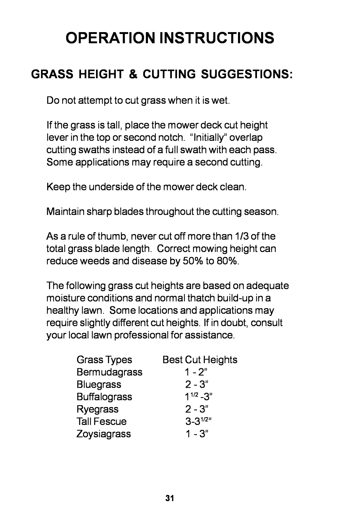 Dixon ZTR manual Grass Height & Cutting Suggestions, Operation Instructions 