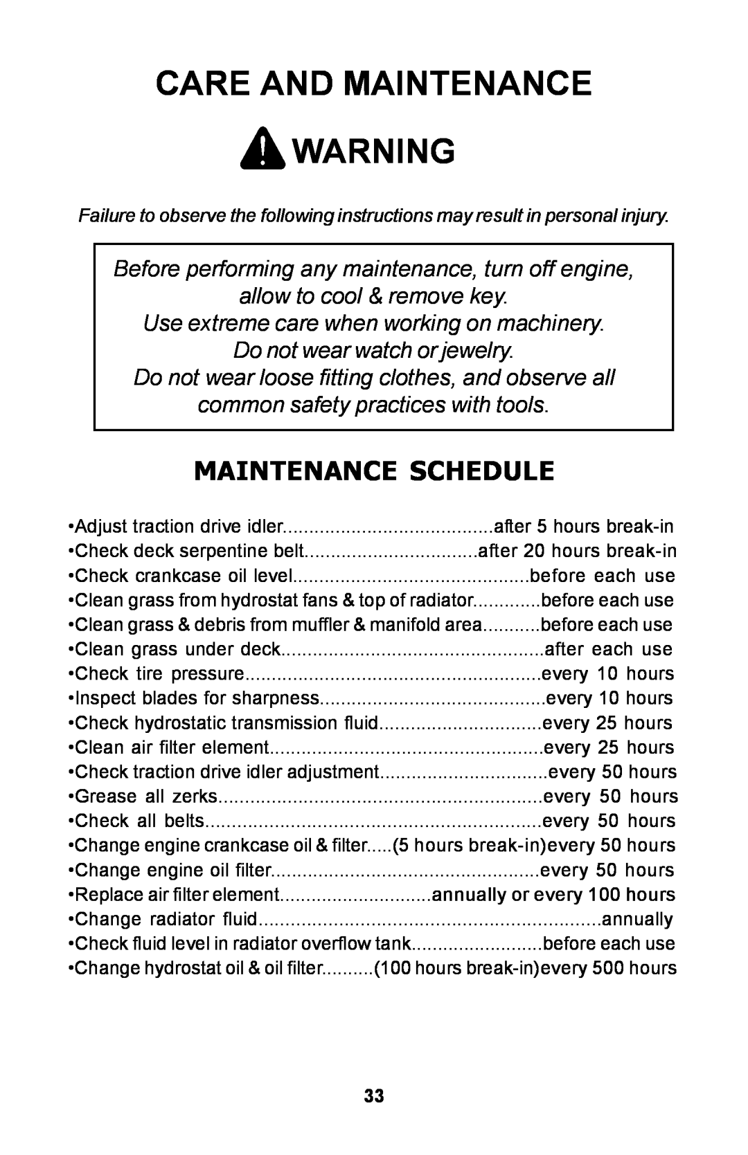 Dixon ZTR manual Care And Maintenance, Maintenance Schedule, Before performing any maintenance, turn off engine 