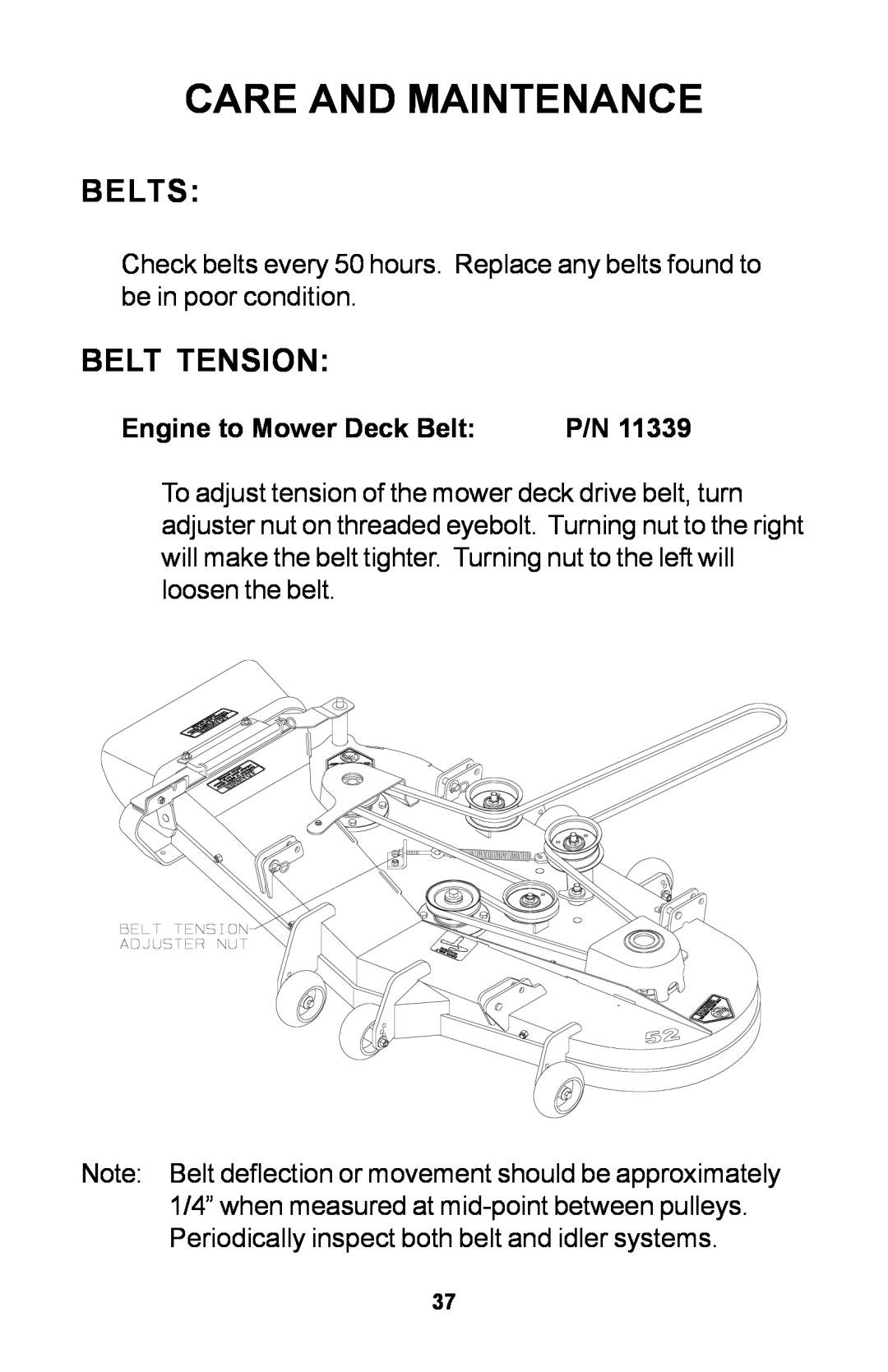 Dixon ZTR manual Belts, Belt Tension, Care And Maintenance, Engine to Mower Deck Belt 