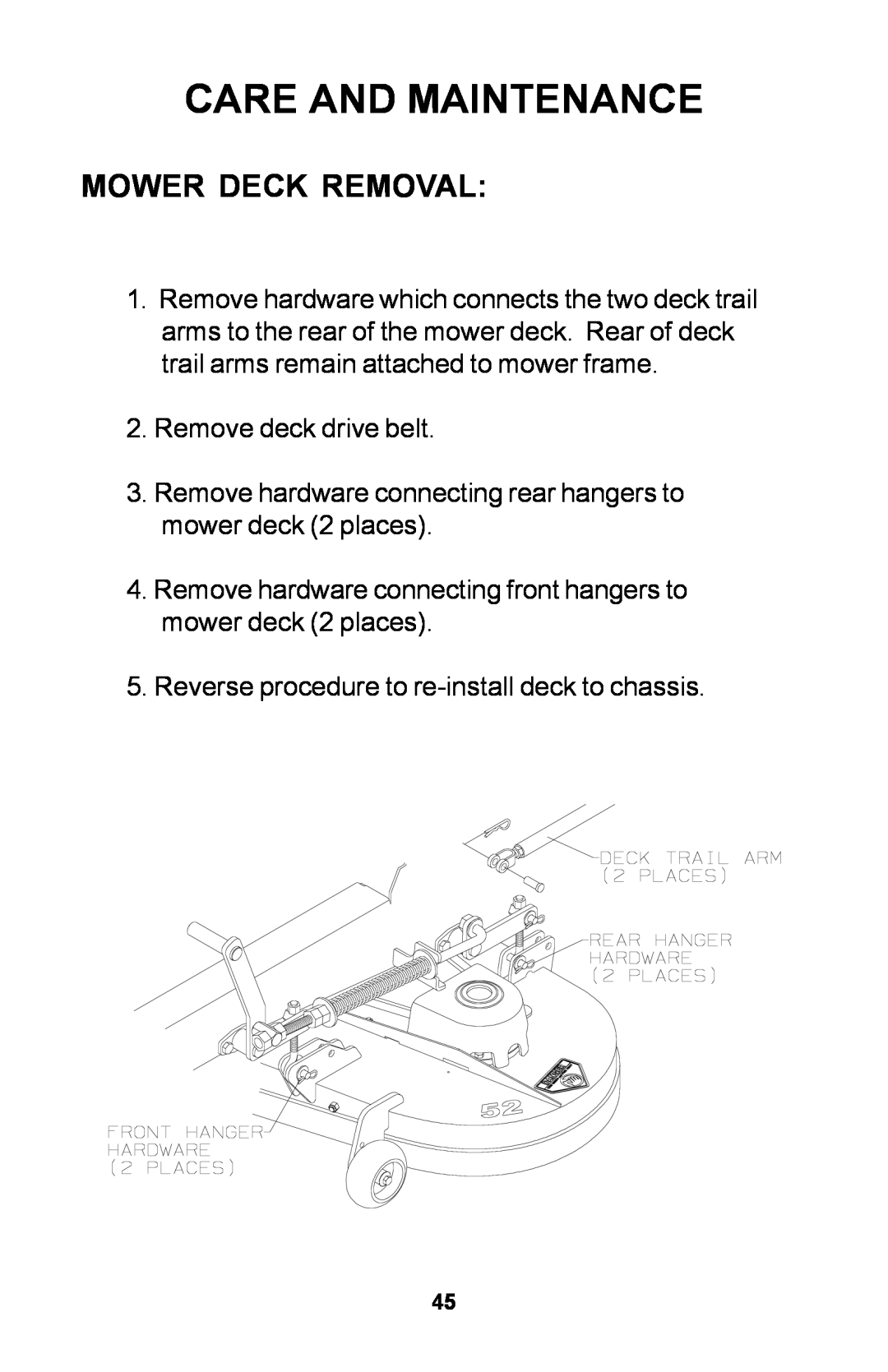 Dixon ZTR manual Mower Deck Removal, Care And Maintenance, Remove deck drive belt 