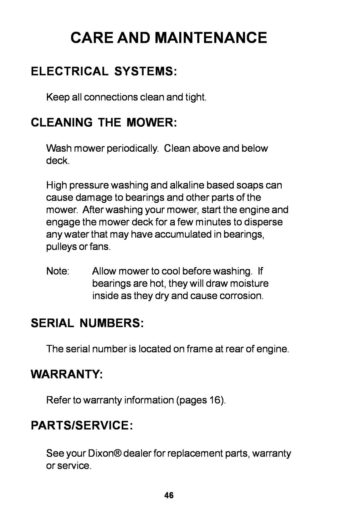 Dixon ZTR manual Electrical Systems, Cleaning The Mower, Serial Numbers, Warranty, Parts/Service, Care And Maintenance 